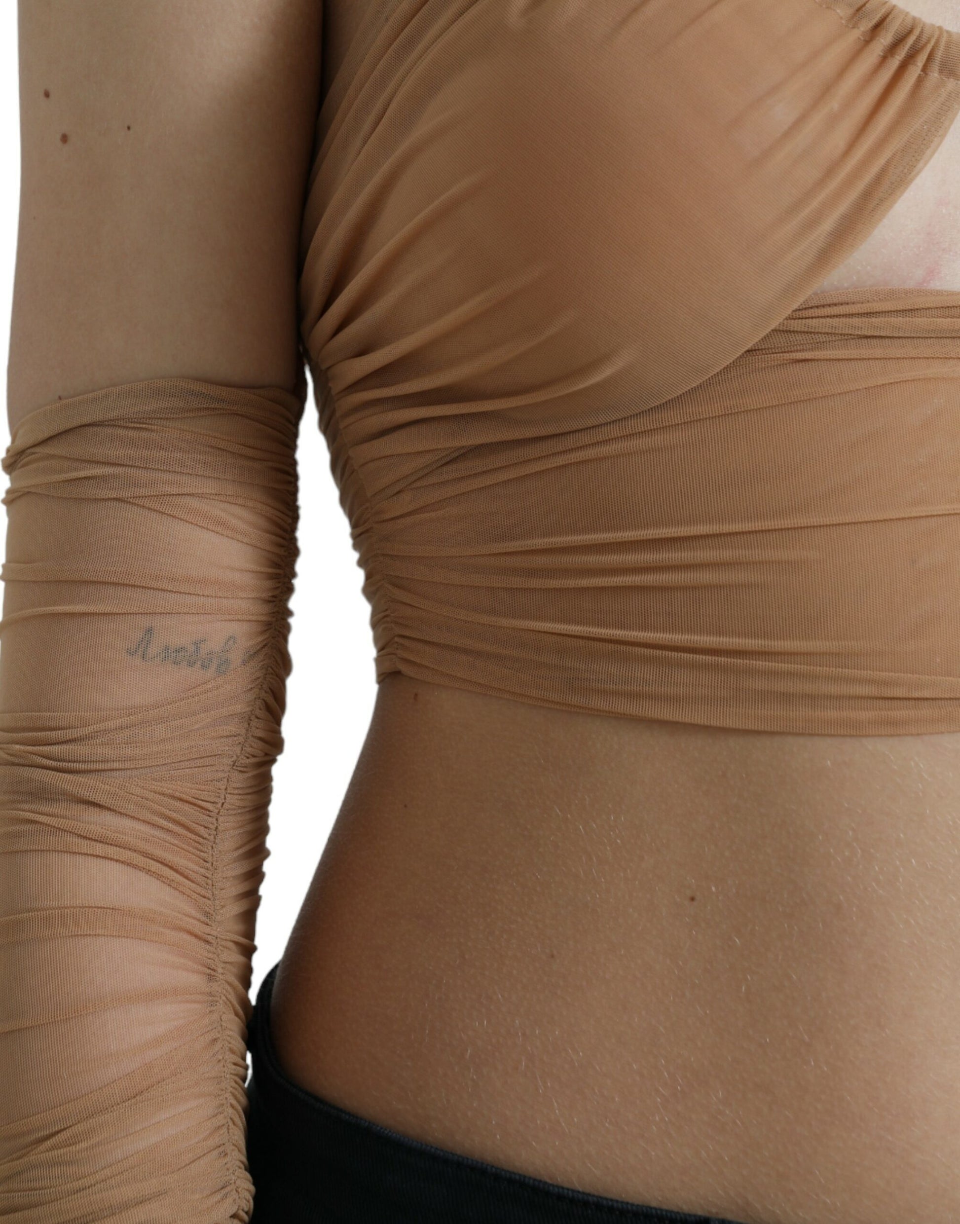 Braunes, schulterfreies, kurzes Nylon-Stretch-Top