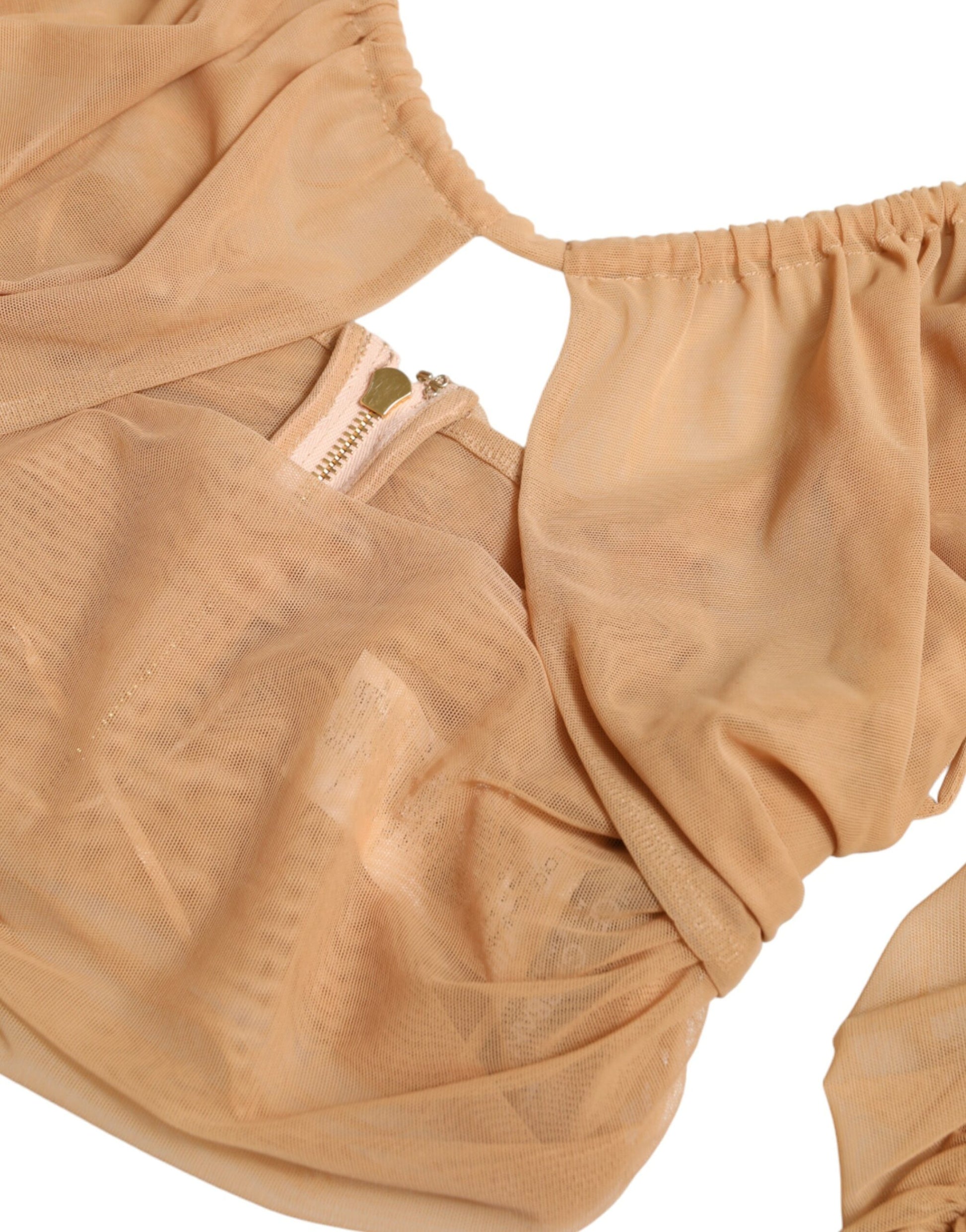 Braunes, schulterfreies, kurzes Nylon-Stretch-Top