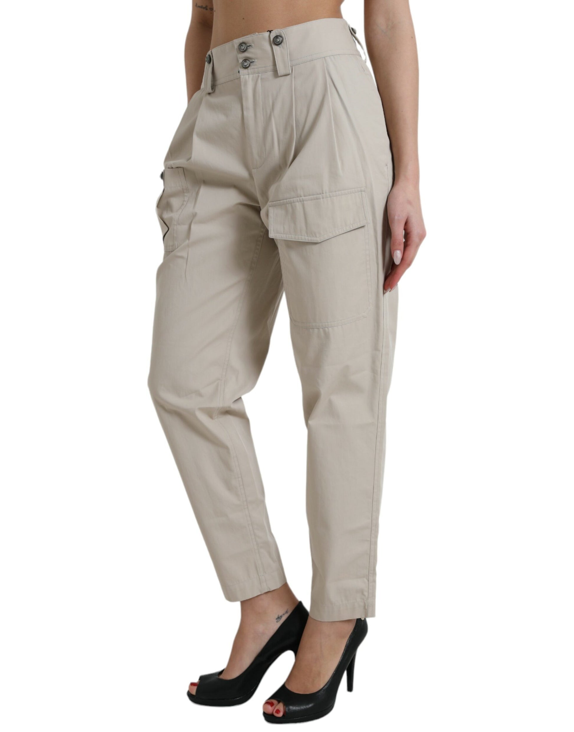 Beigefarbene Karottenhose aus Baumwolle mit hoher Taille