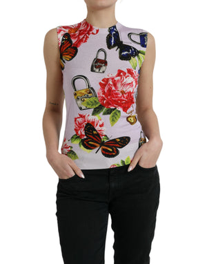 Mehrfarbiges Tanktop mit Blumenmuster und Vorhängeschloss und Schmetterling