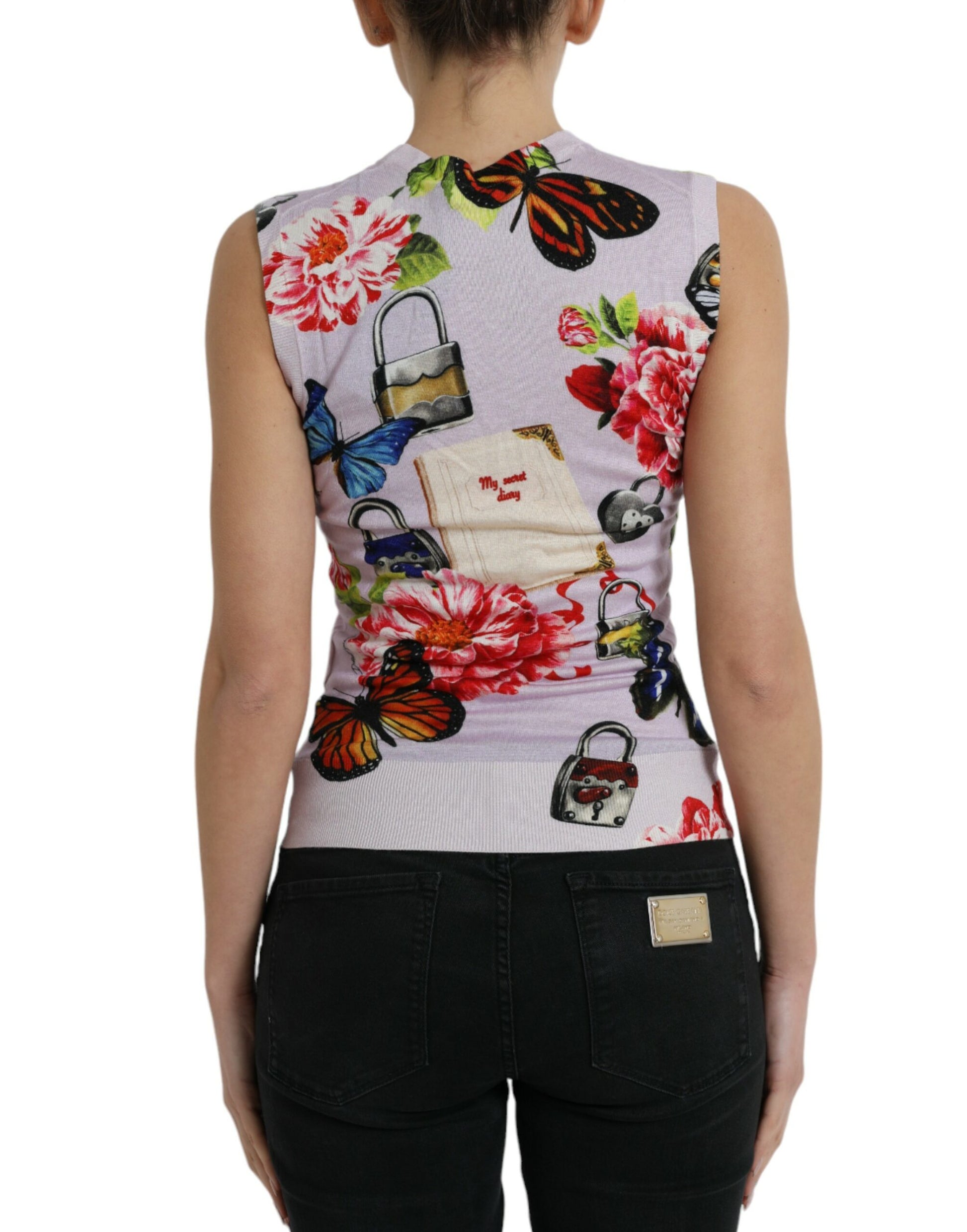 Mehrfarbiges Tanktop mit Blumenmuster und Vorhängeschloss und Schmetterling