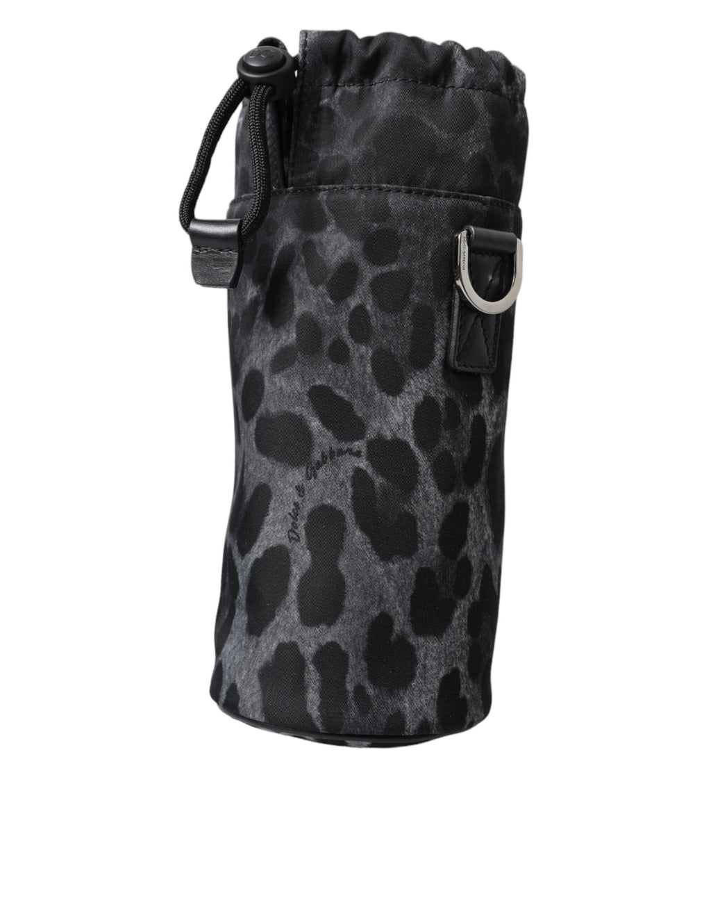 Runde, schmale Tragetasche mit Flaschenhalter in Schwarz mit Leopardenmuster