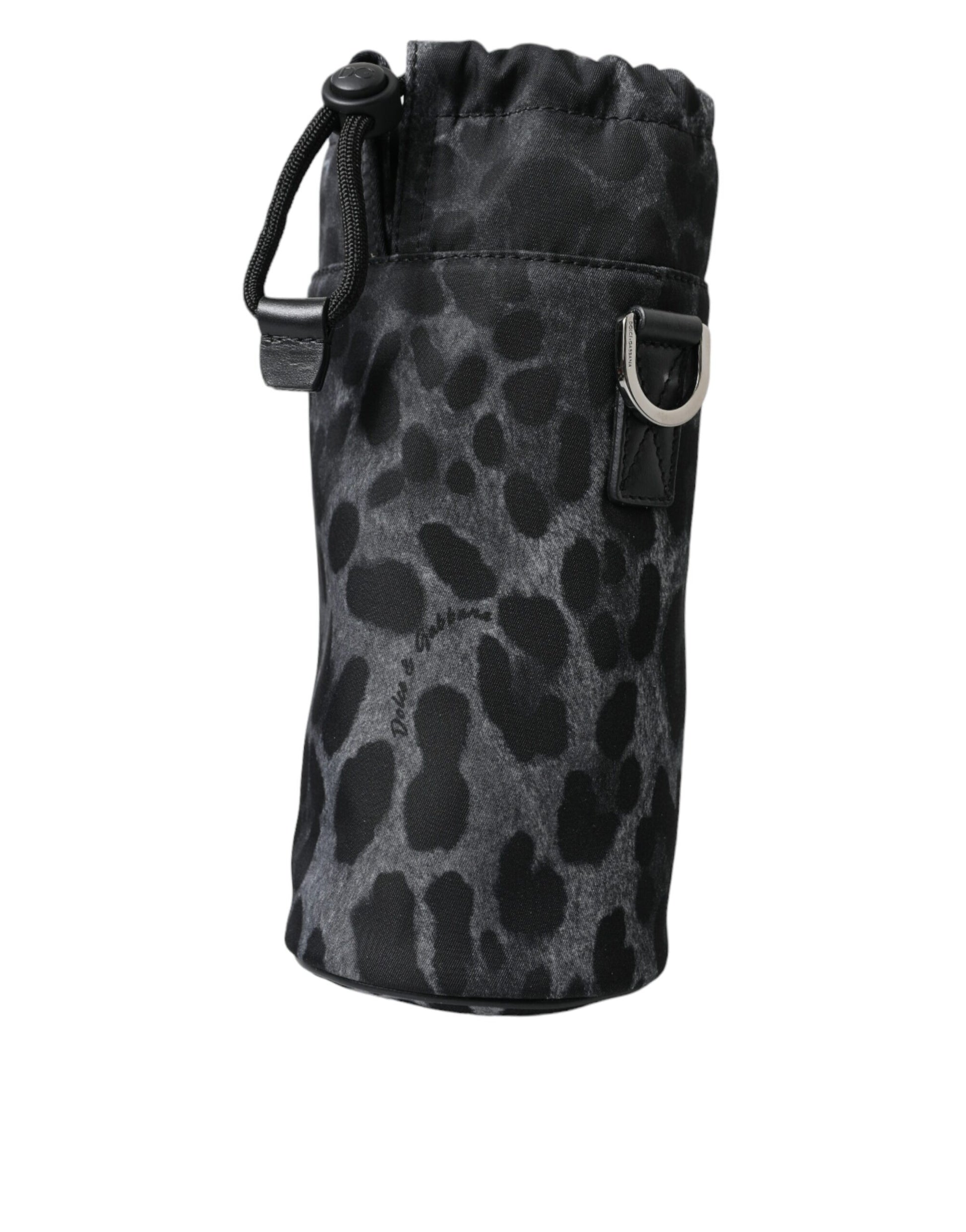 Runde, schmale Tragetasche mit Flaschenhalter in Schwarz mit Leopardenmuster