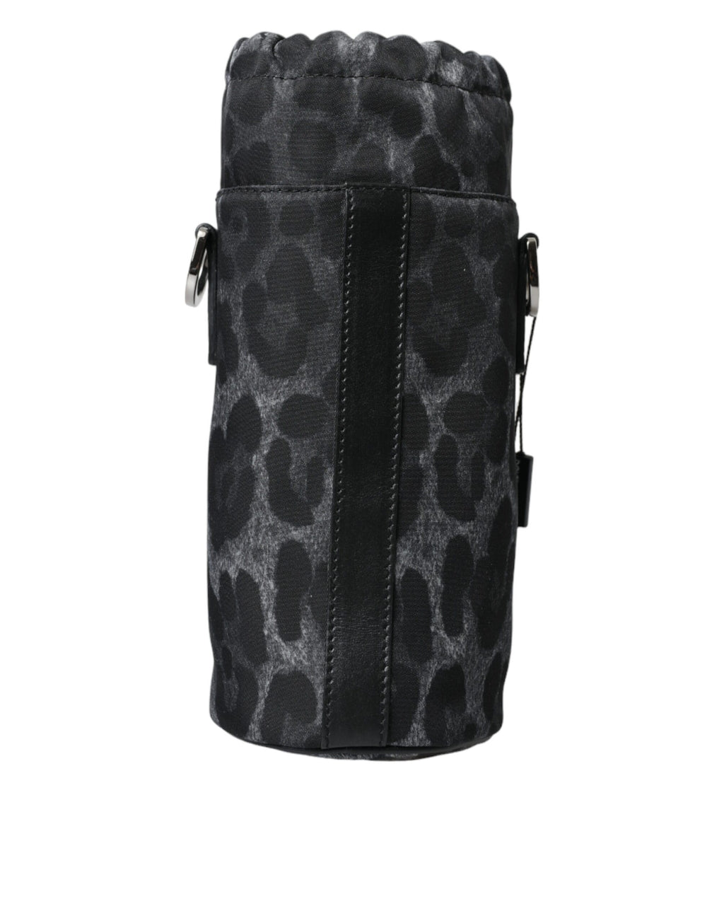 Runde, schmale Tragetasche mit Flaschenhalter in Schwarz mit Leopardenmuster