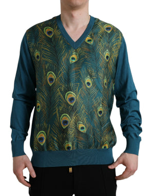 Grüner Pullover mit Pfauenfedern