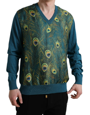 Grüner Pullover mit Pfauenfedern