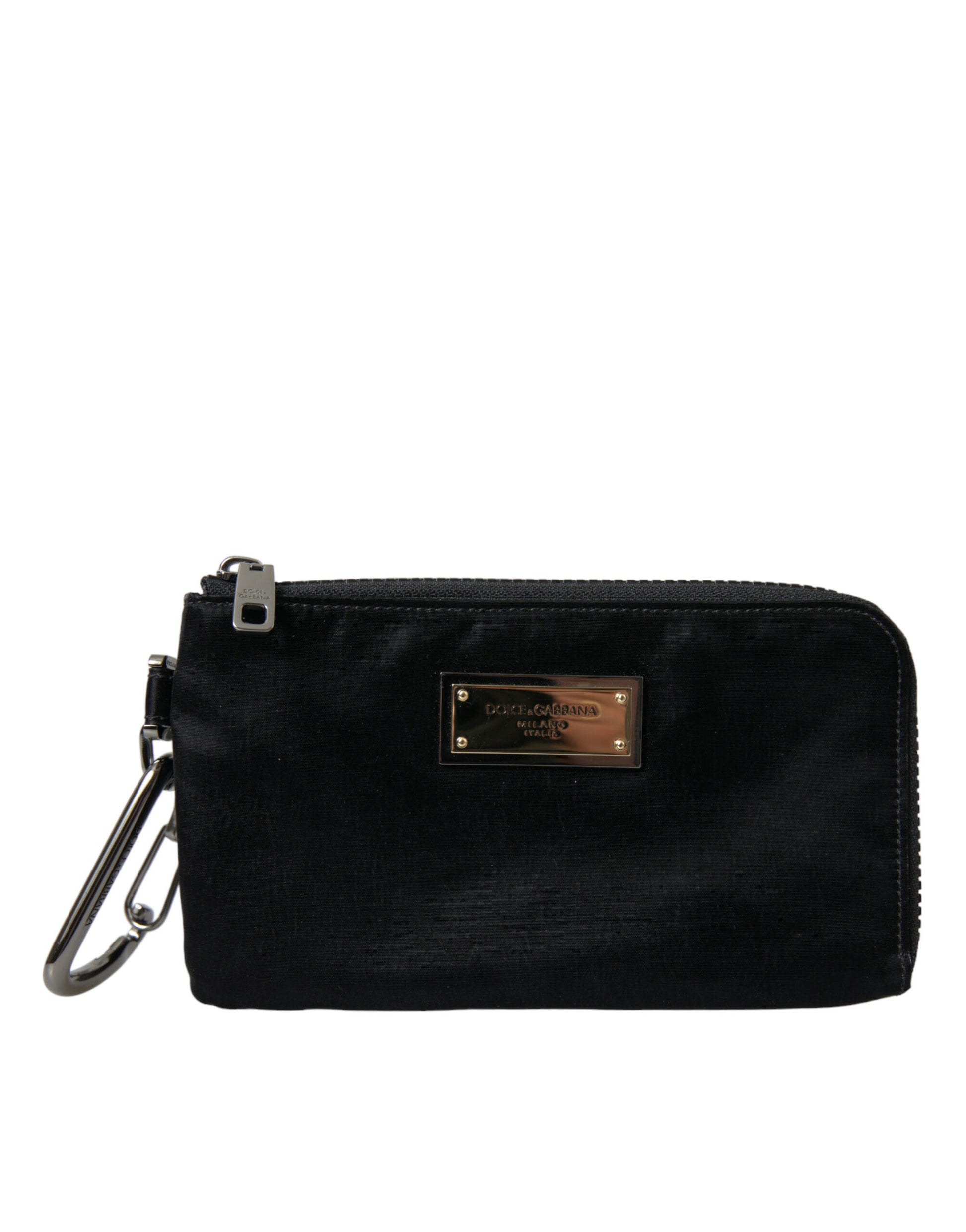 Schwarze Clutch-Tasche aus Nylon mit Logo-Schild und Schlüsselring