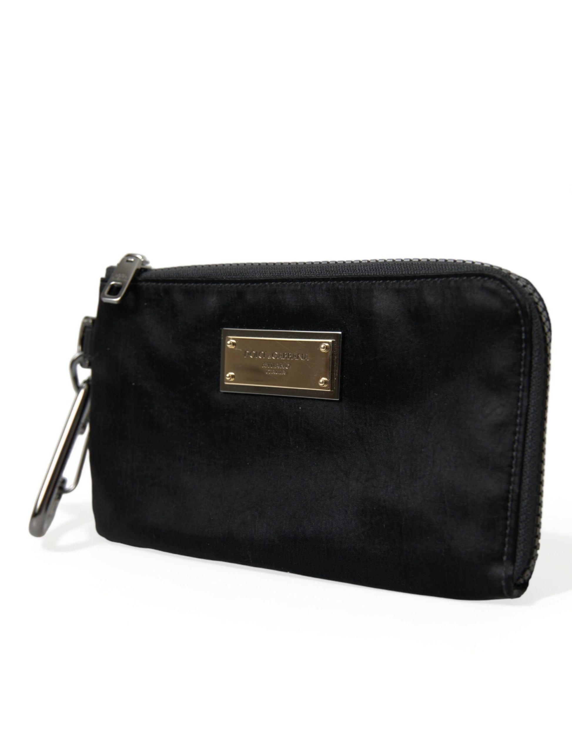 Schwarze Clutch-Tasche aus Nylon mit Logo-Schild und Schlüsselring