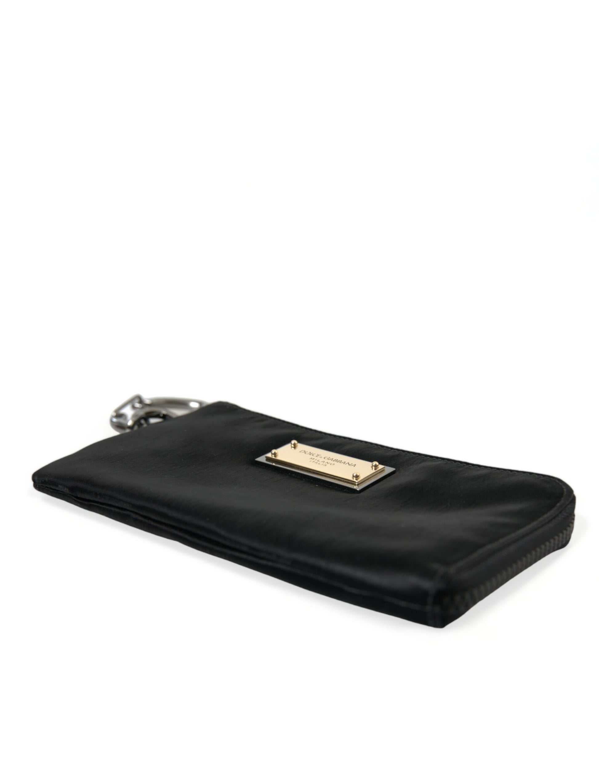 Schwarze Clutch-Tasche aus Nylon mit Logo-Schild und Schlüsselring