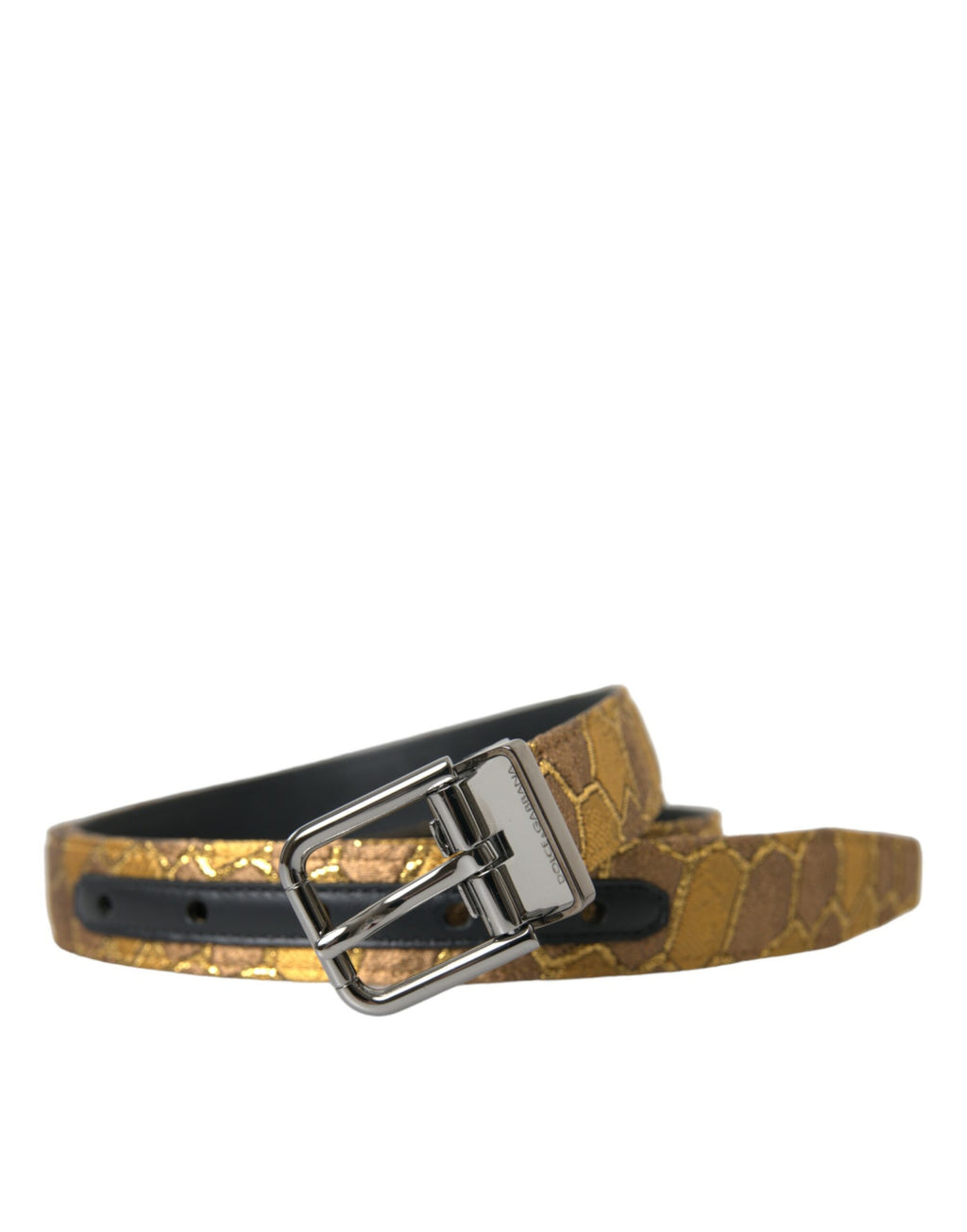 Goldfarbener Ledergürtel mit Jacquard-Muster und silberner Metallschnalle