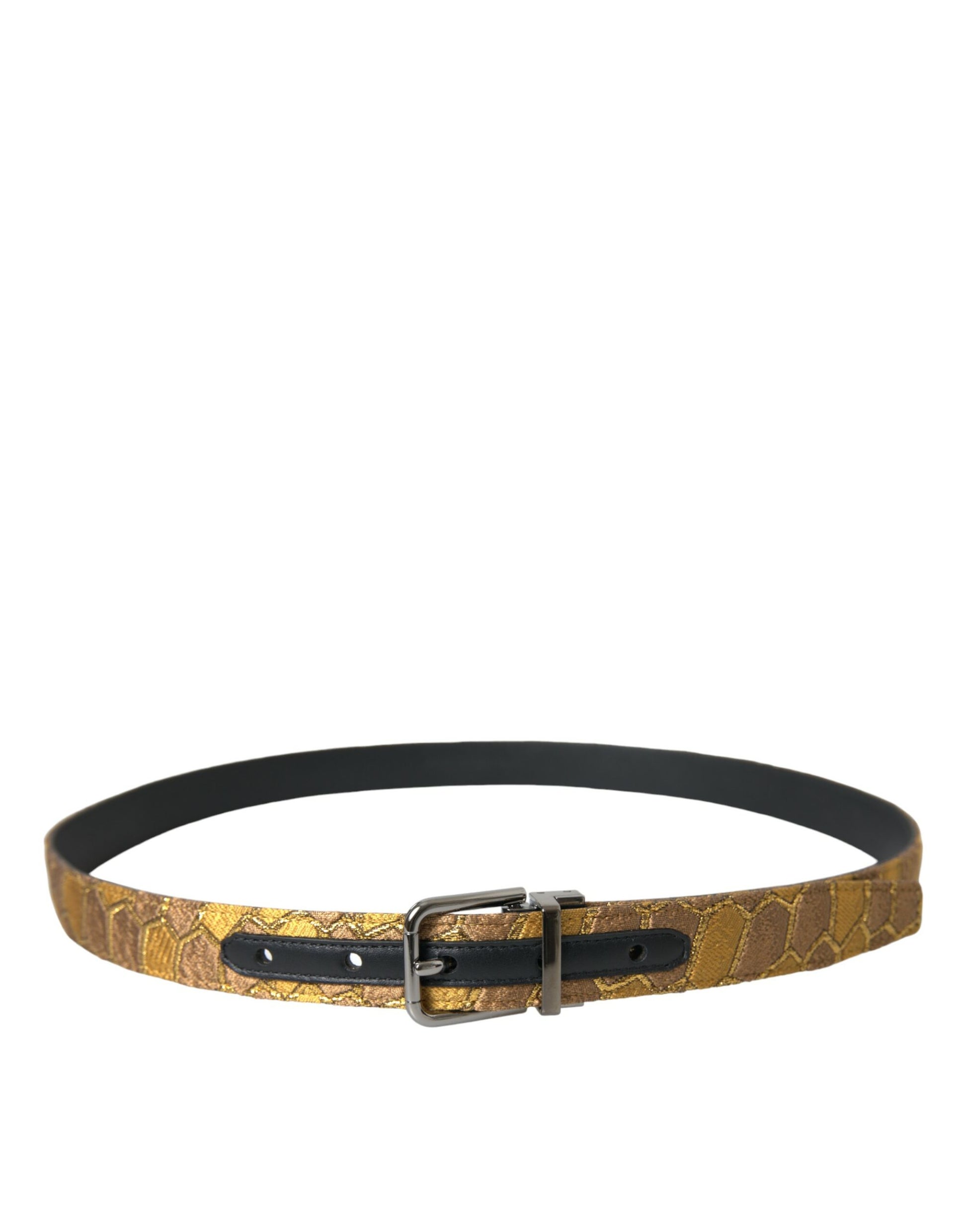 Goldfarbener Ledergürtel mit Jacquard-Muster und silberner Metallschnalle