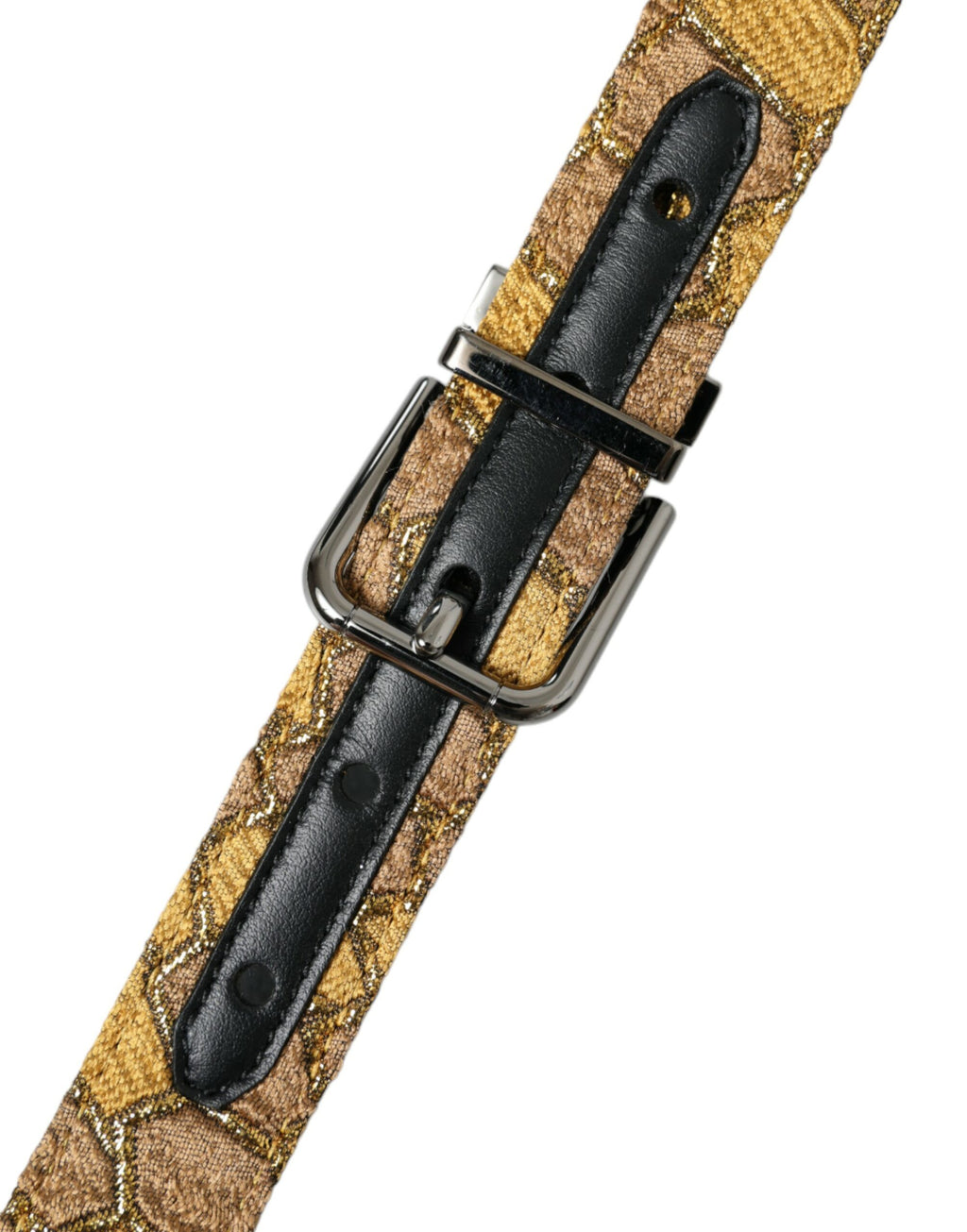 Goldfarbener Ledergürtel mit Jacquard-Muster und silberner Metallschnalle