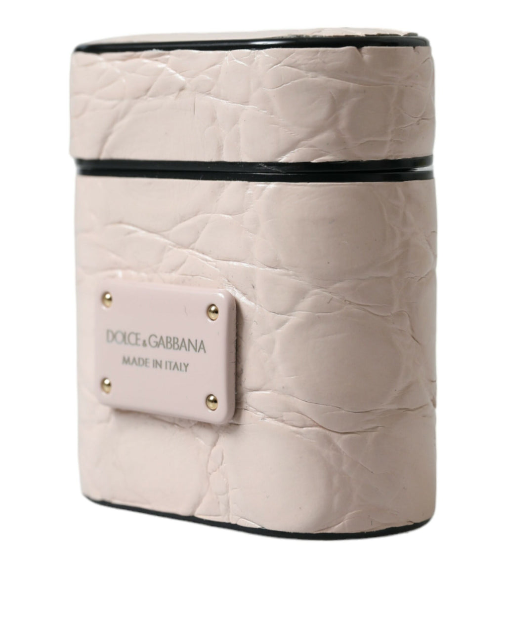 Airpods-Hülle aus hellrosa Kalbsleder mit Logo-Metallplakette