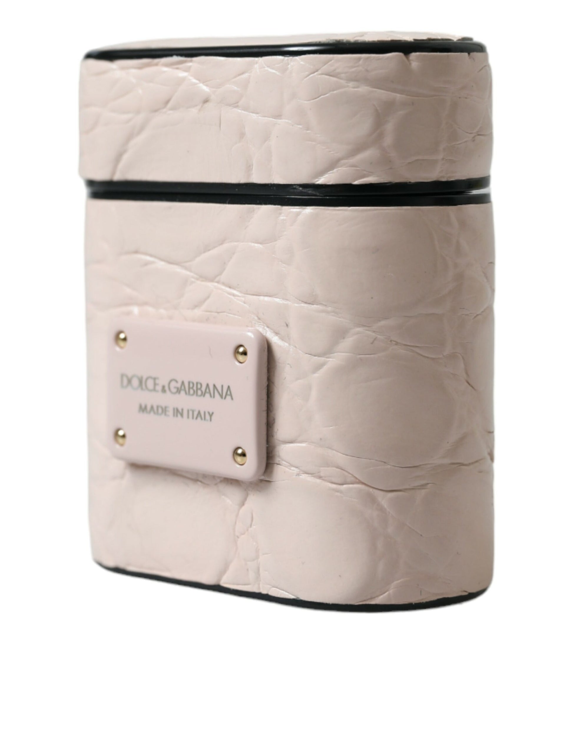 Airpods-Hülle aus hellrosa Kalbsleder mit Logo-Metallplakette