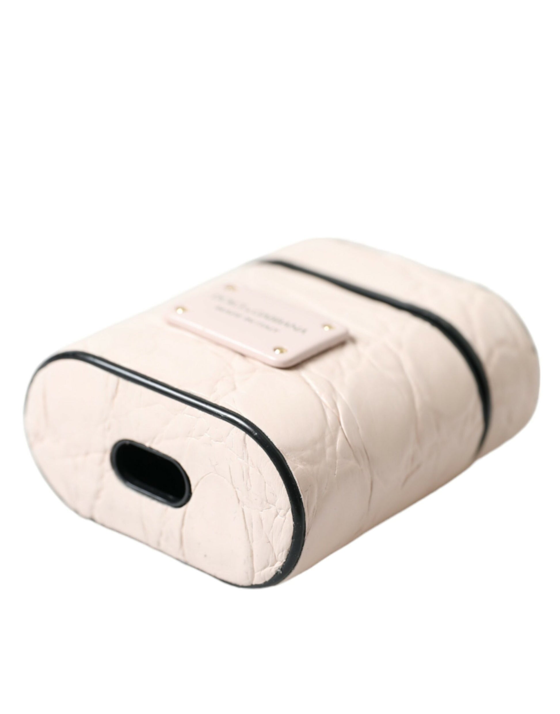 Airpods-Hülle aus hellrosa Kalbsleder mit Logo-Metallplakette