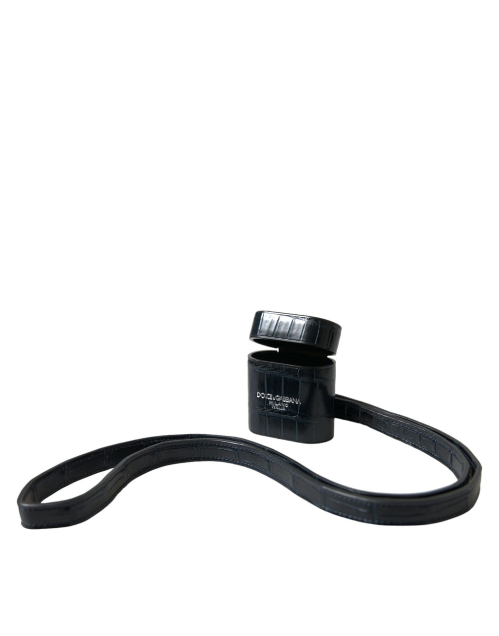 Airpods-Hülle aus schwarzem Krokodilleder mit silbernem Metalllogo