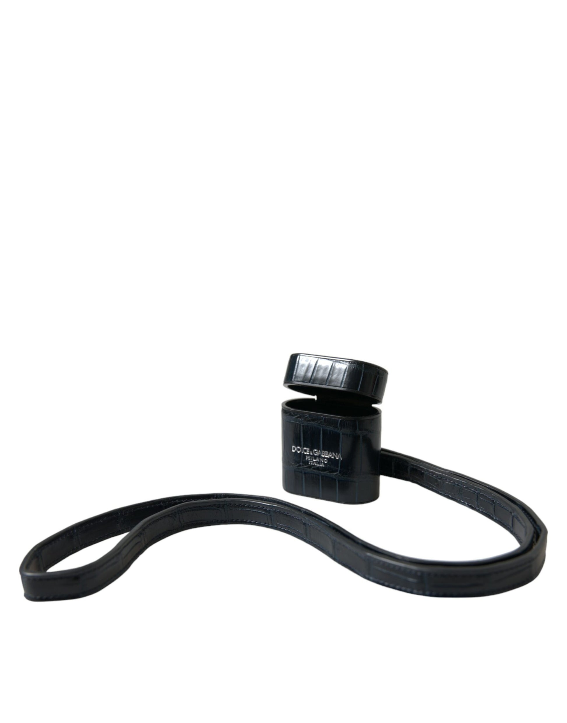 Airpods-Hülle aus schwarzem Krokodilleder mit silbernem Metalllogo