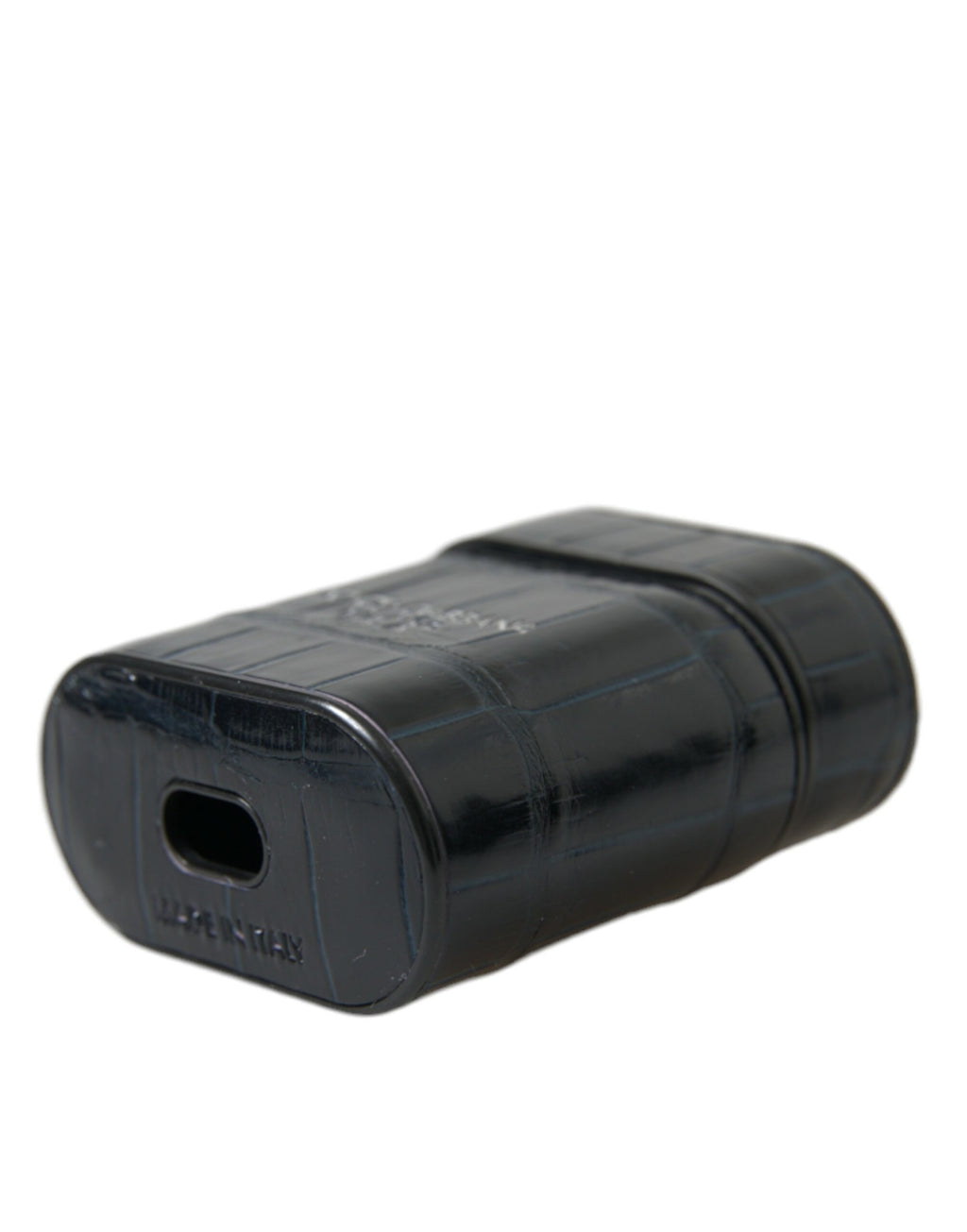 Airpods-Hülle aus schwarzem Krokodilleder mit silbernem Metalllogo