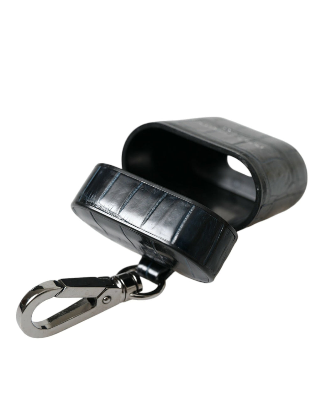 Airpods-Hülle aus schwarzem Krokodilleder mit silbernem Metalllogo