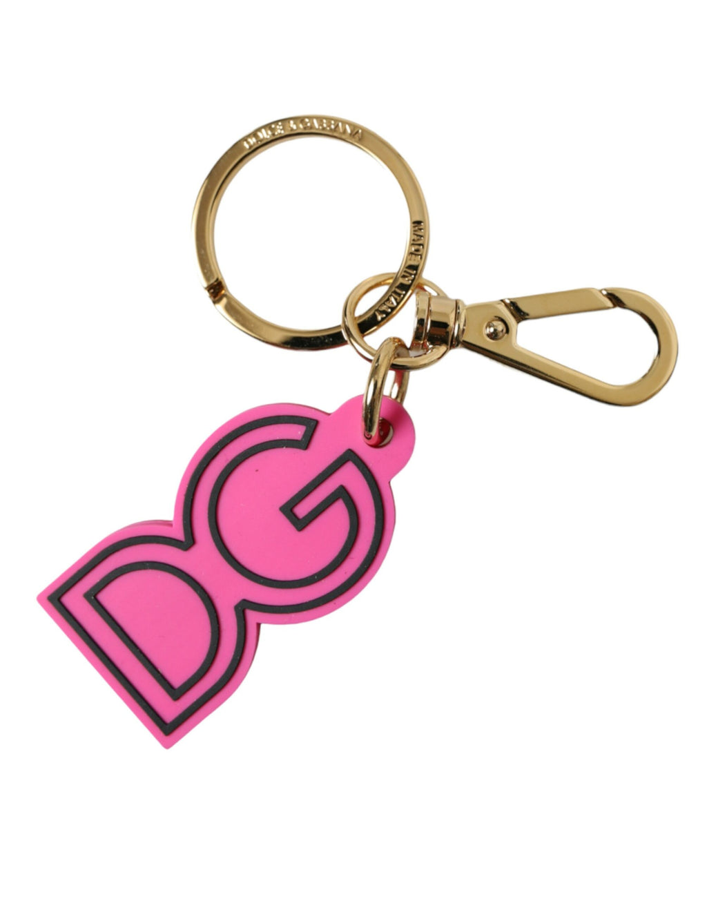 Schlüsselanhänger mit DG-Logo aus rosa Gummi und goldfarbenem Metall