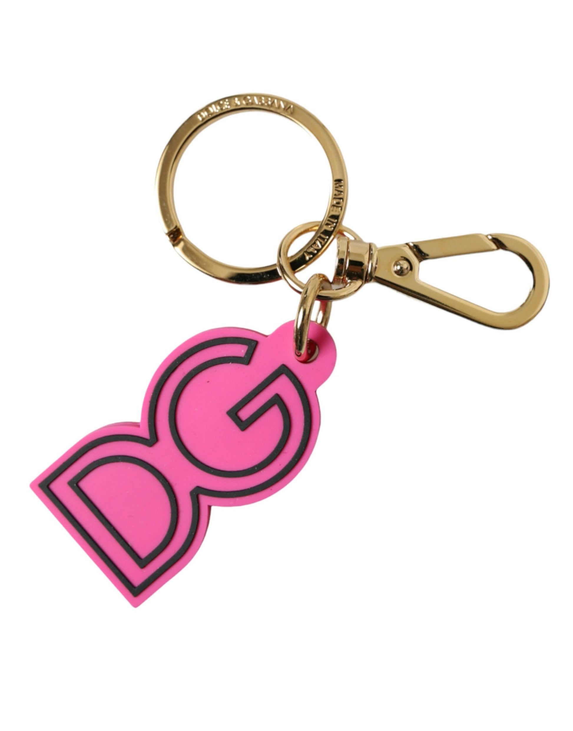 Schlüsselanhänger mit DG-Logo aus rosa Gummi und goldfarbenem Metall