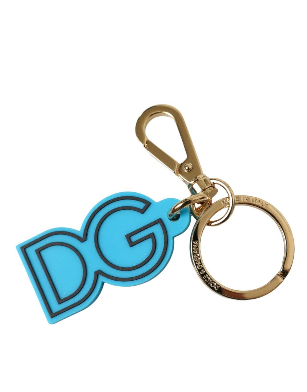 Schlüsselanhänger mit DG-Logo, blau, Gummi, goldfarben, Metall