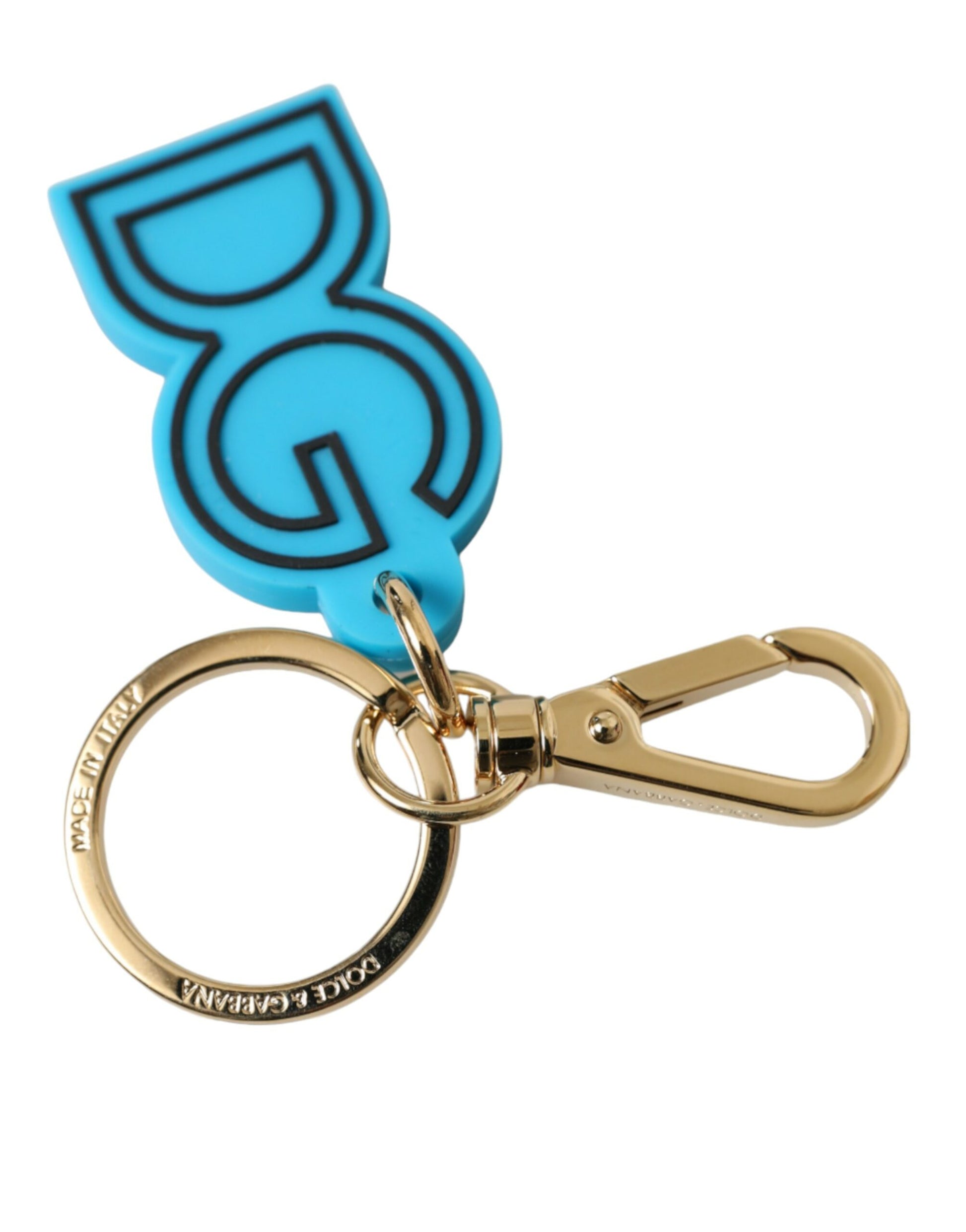 Schlüsselanhänger mit DG-Logo, blau, Gummi, goldfarben, Metall