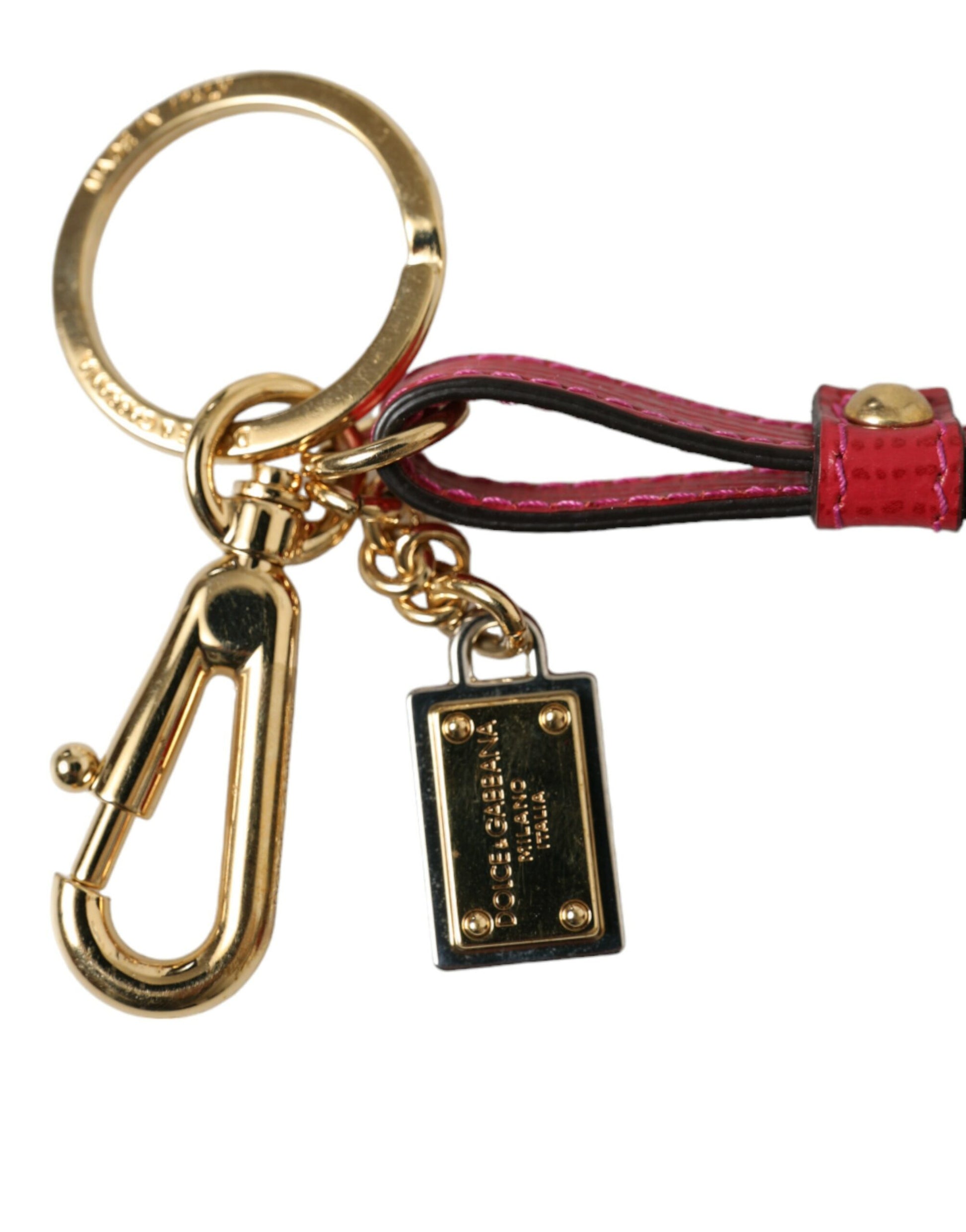 Schlüsselanhänger mit Logo-Plakette aus rotem Kalbsleder und goldenem Metall