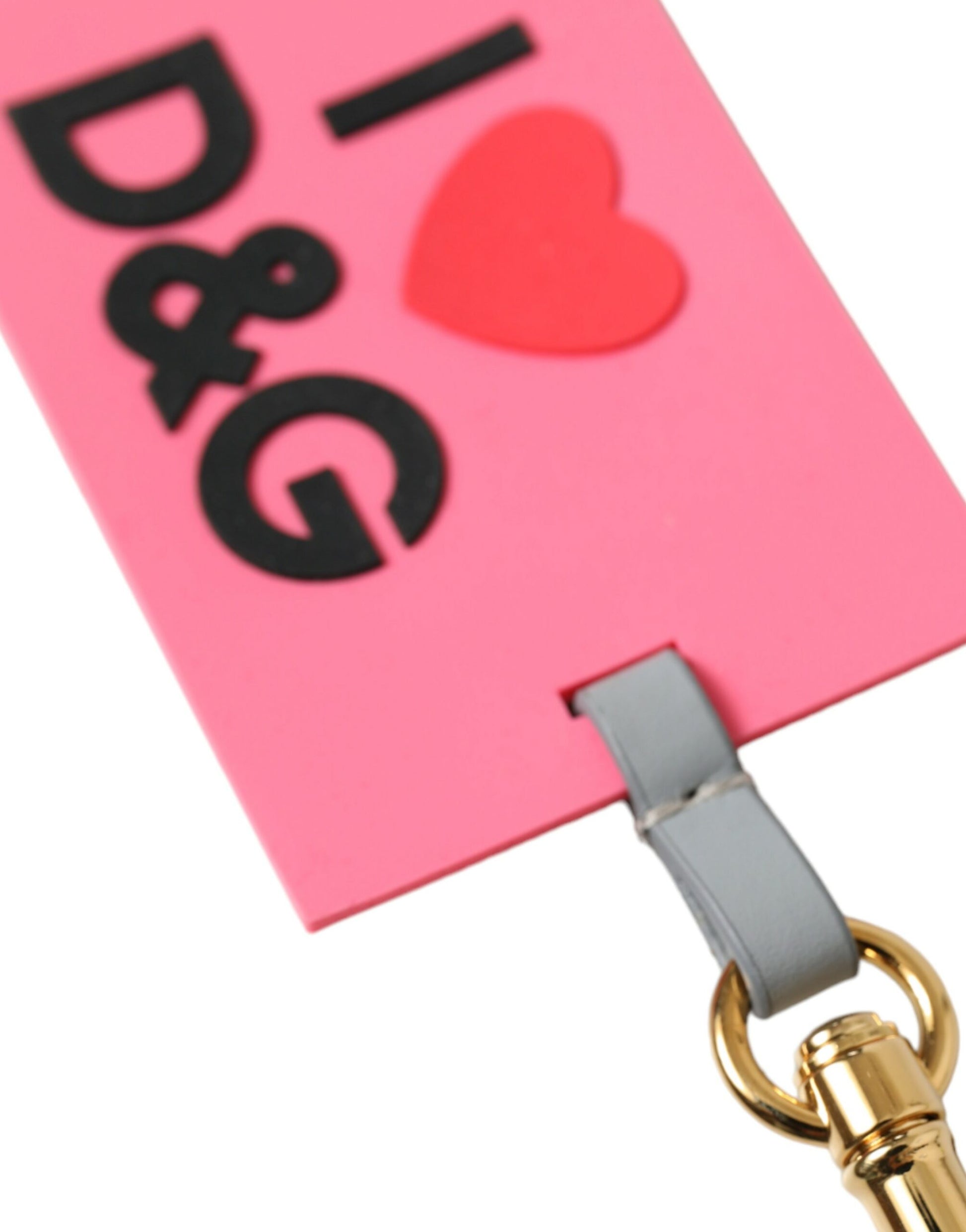 Schlüsselanhänger aus rosa Silikon mit DG-Logo und goldenem Messing