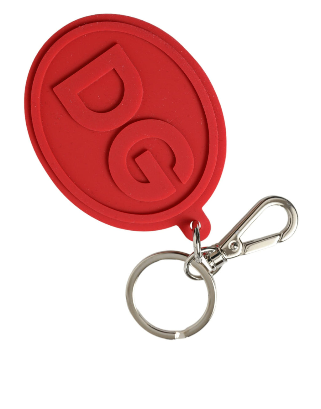 Schlüsselanhänger mit DG-Logo aus rotem Gummi und silbernem Messing