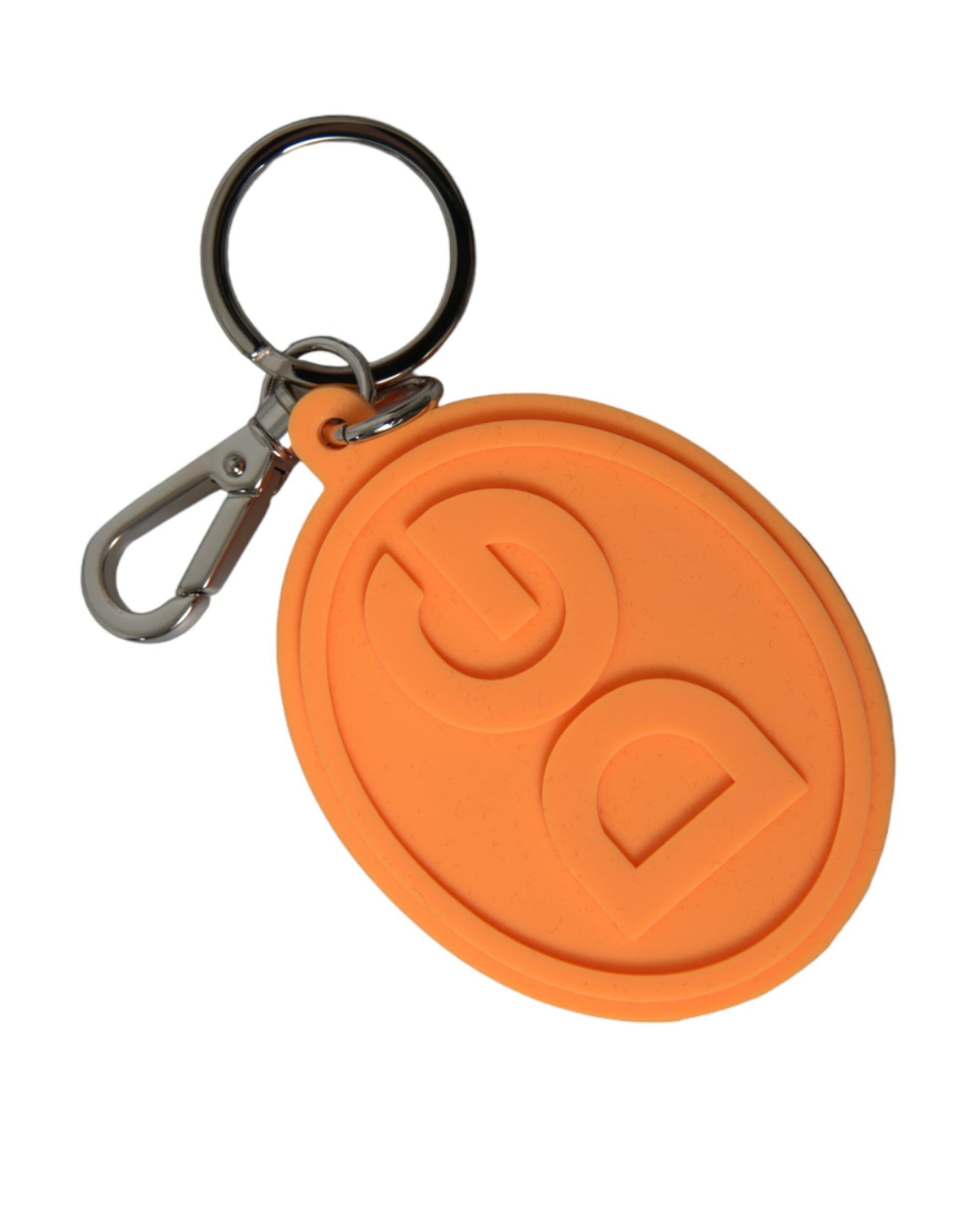Schlüsselanhänger mit DG-Logo aus orangefarbenem Gummi und silbernem Messingmetall