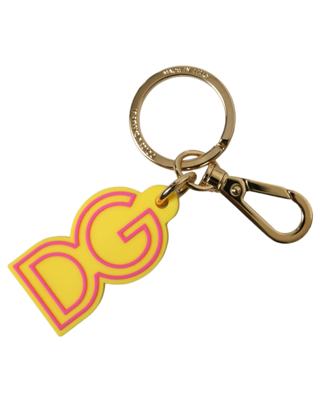 Schlüsselanhänger mit DG-Logo, gelb, Gummi, goldfarben, Metall