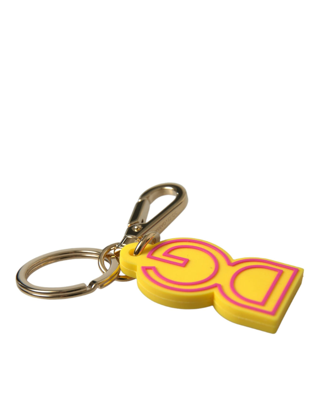 Schlüsselanhänger mit DG-Logo, gelb, Gummi, goldfarben, Metall