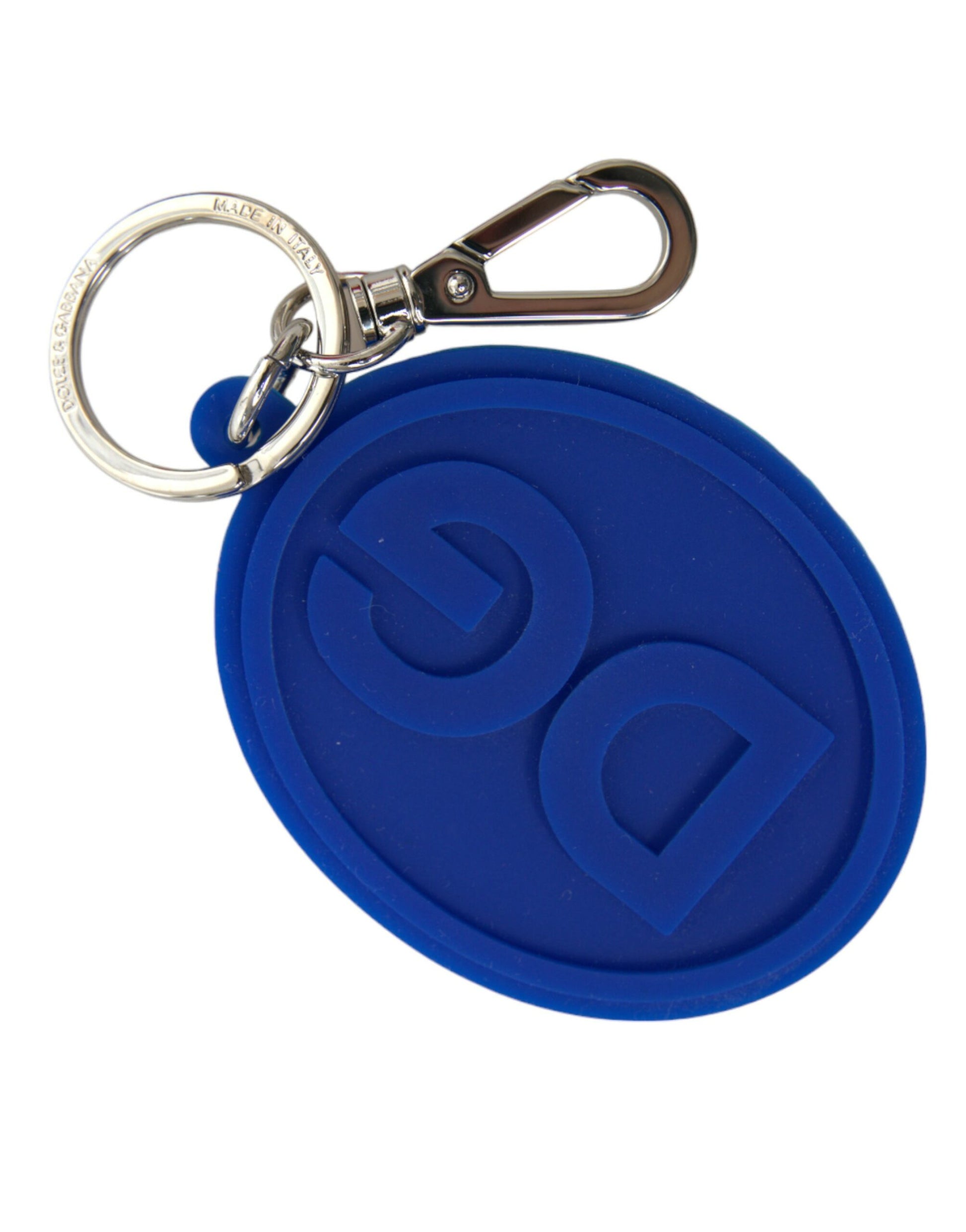 Schlüsselanhänger mit DG-Logo aus blauem Gummi und silbernem Messing
