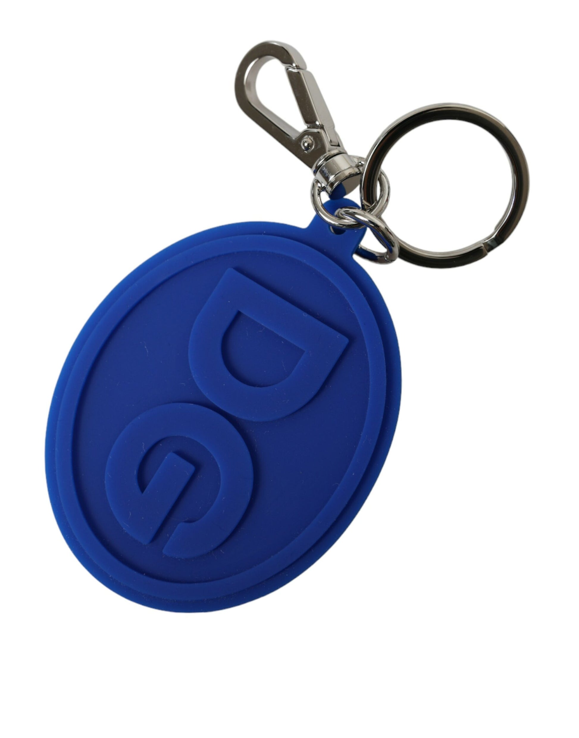 Schlüsselanhänger mit DG-Logo aus blauem Gummi und silbernem Messing
