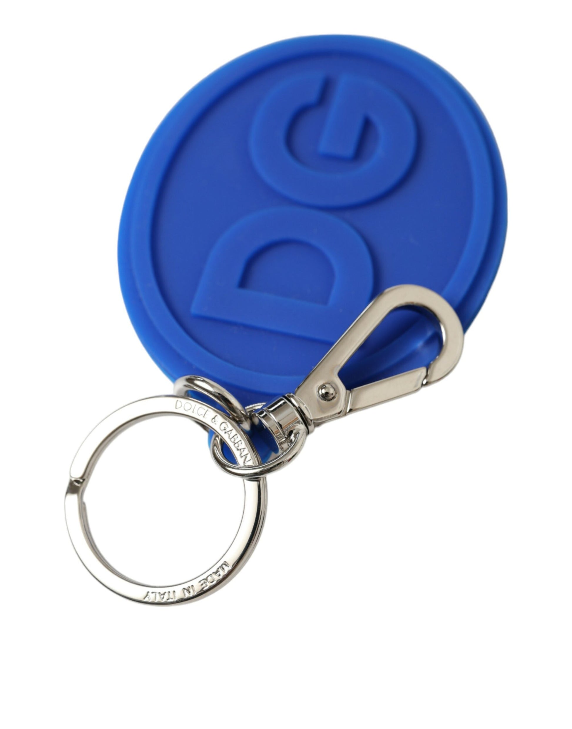 Schlüsselanhänger mit DG-Logo aus blauem Gummi und silbernem Messing