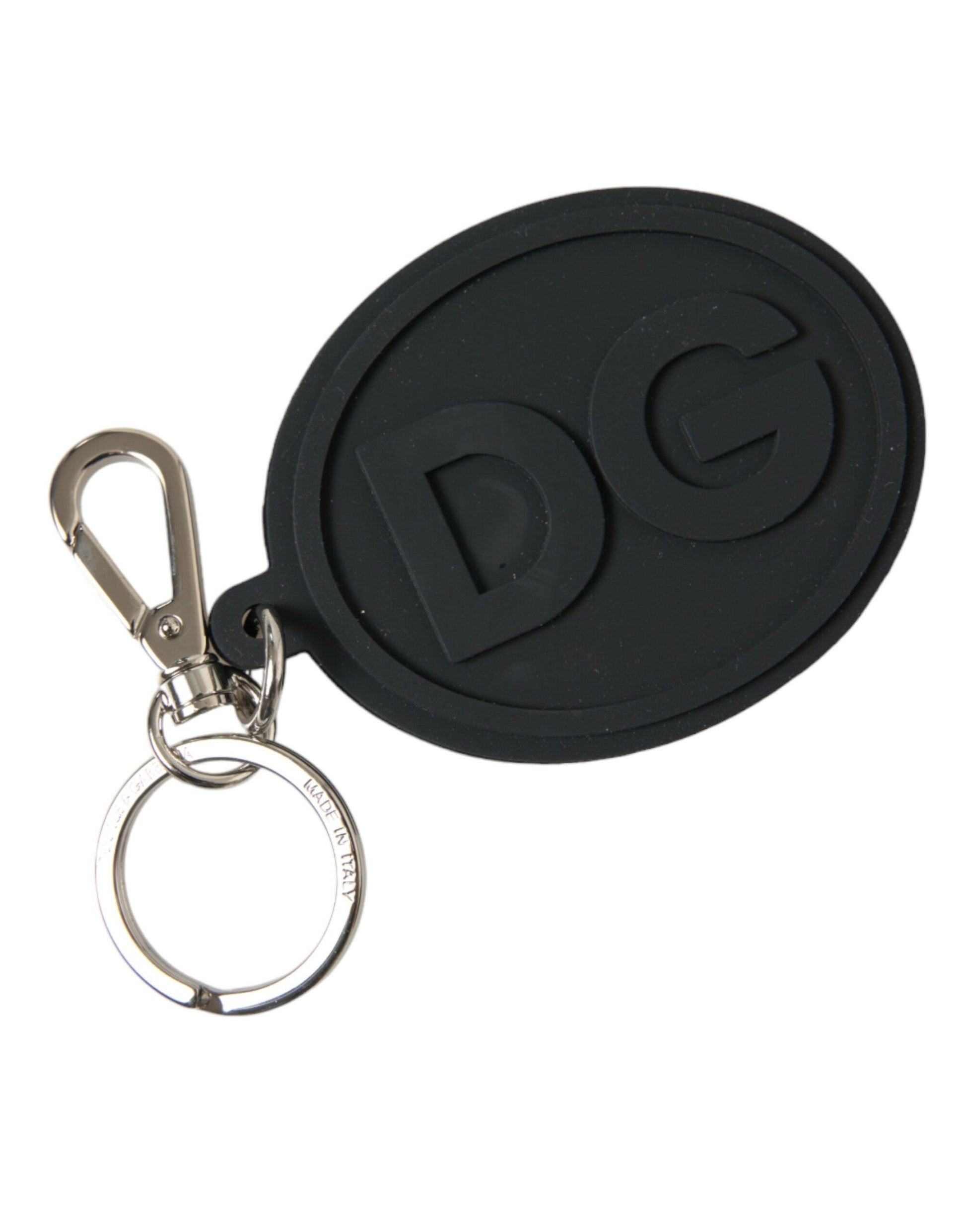 Schlüsselanhänger mit DG-Logo aus schwarzem Gummi und silbernem Messing