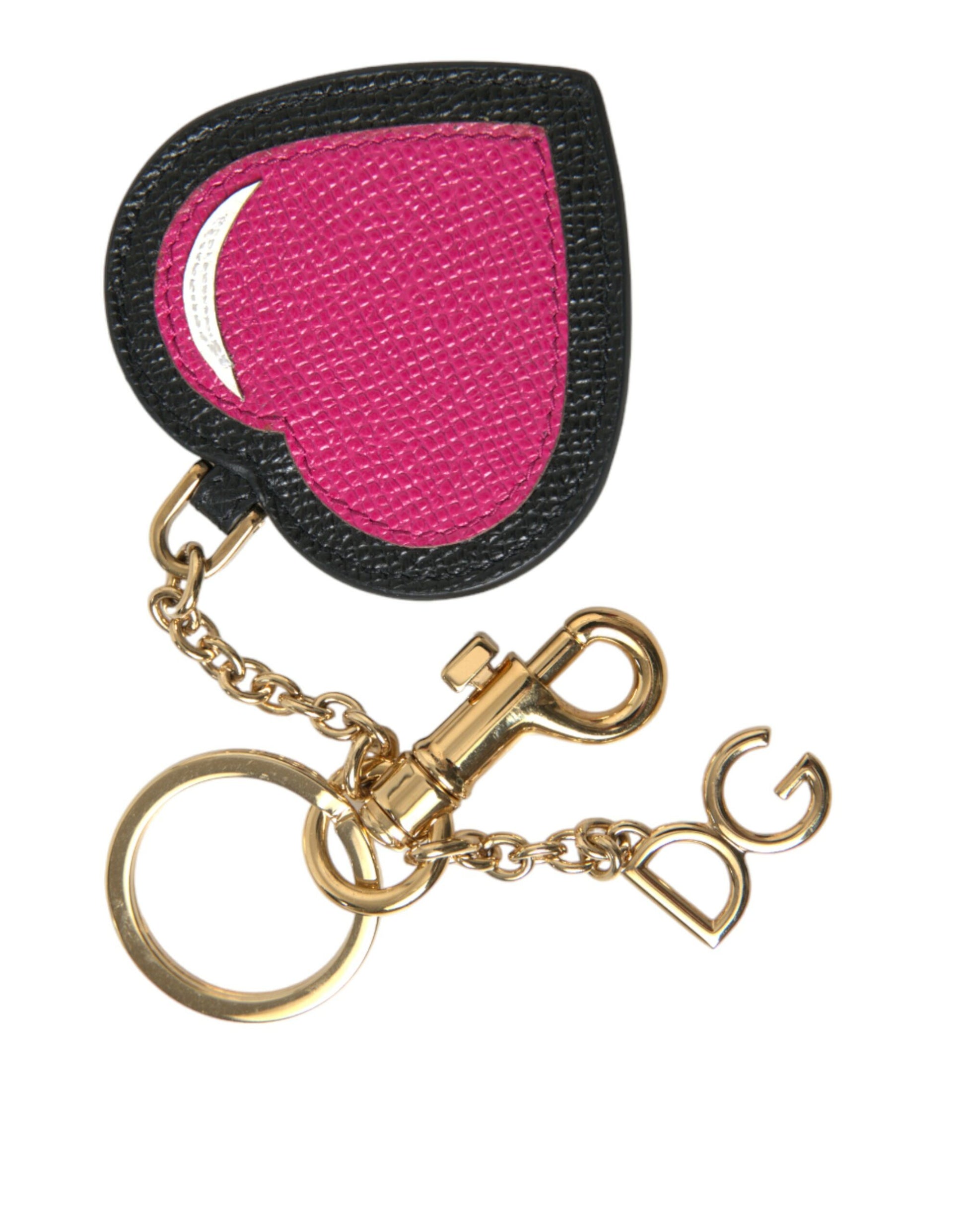 Schlüsselanhänger mit rosa schwarzem Herz, Leder, goldfarben, Messing