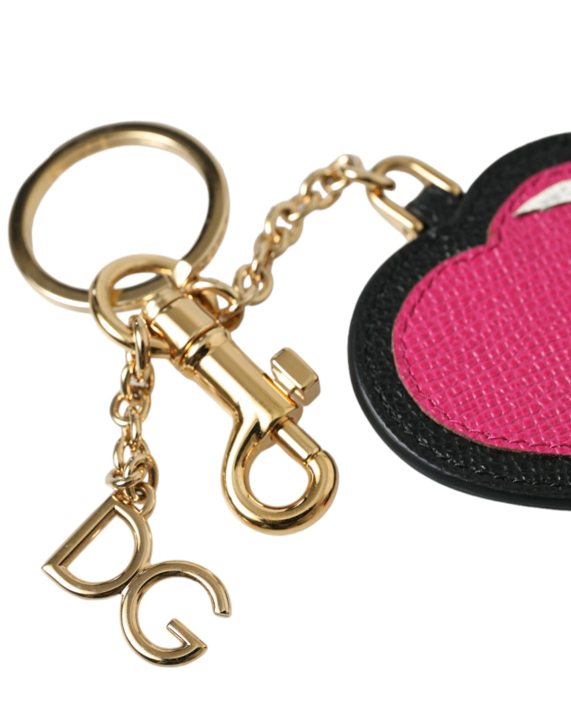 Schlüsselanhänger mit rosa schwarzem Herz, Leder, goldfarben, Messing