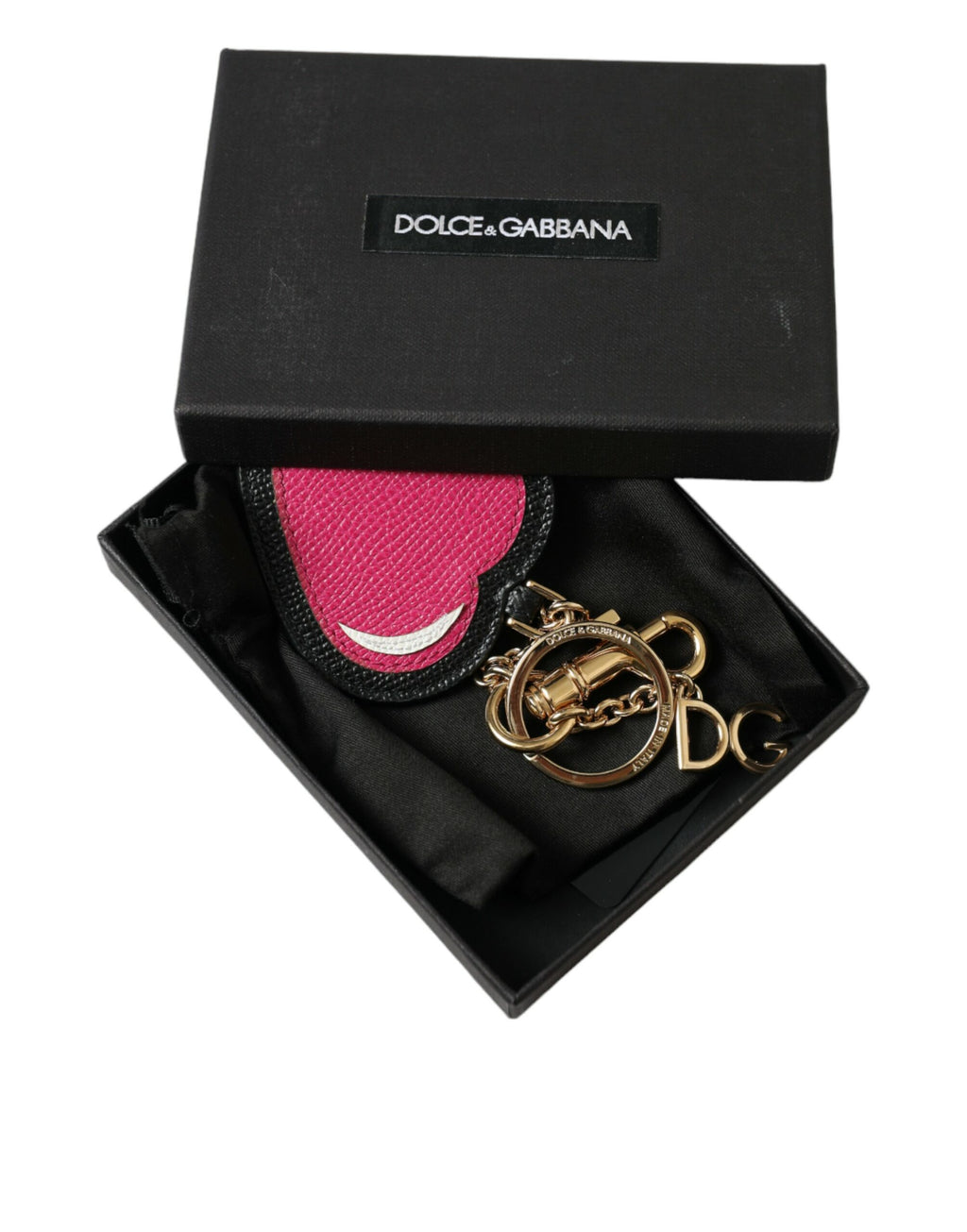 Schlüsselanhänger mit rosa schwarzem Herz, Leder, goldfarben, Messing