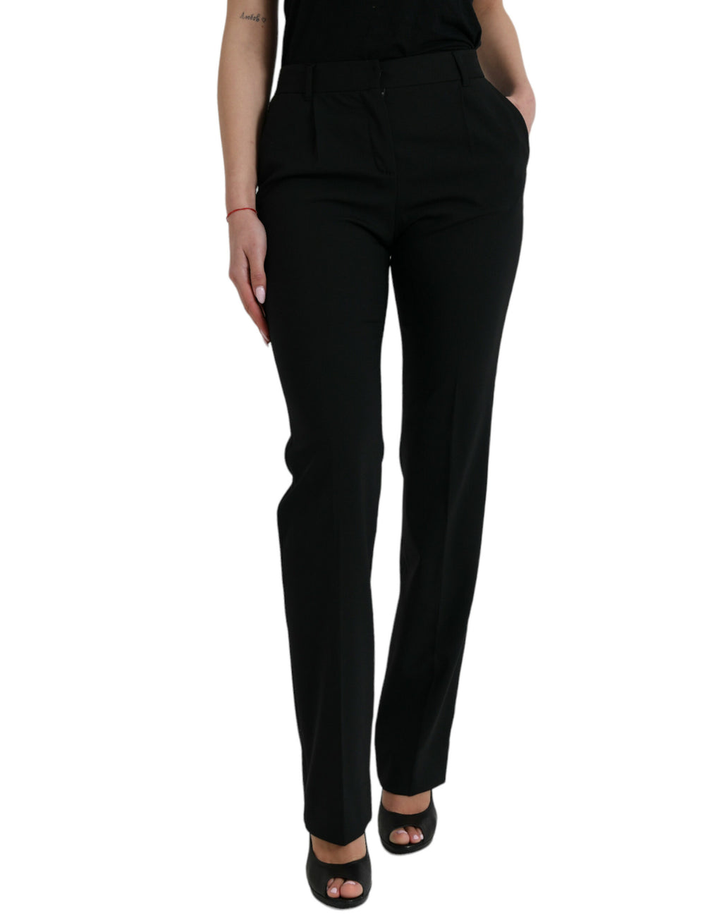 Schwarze, schmal zulaufende Wollhose mit mittlerer Taille