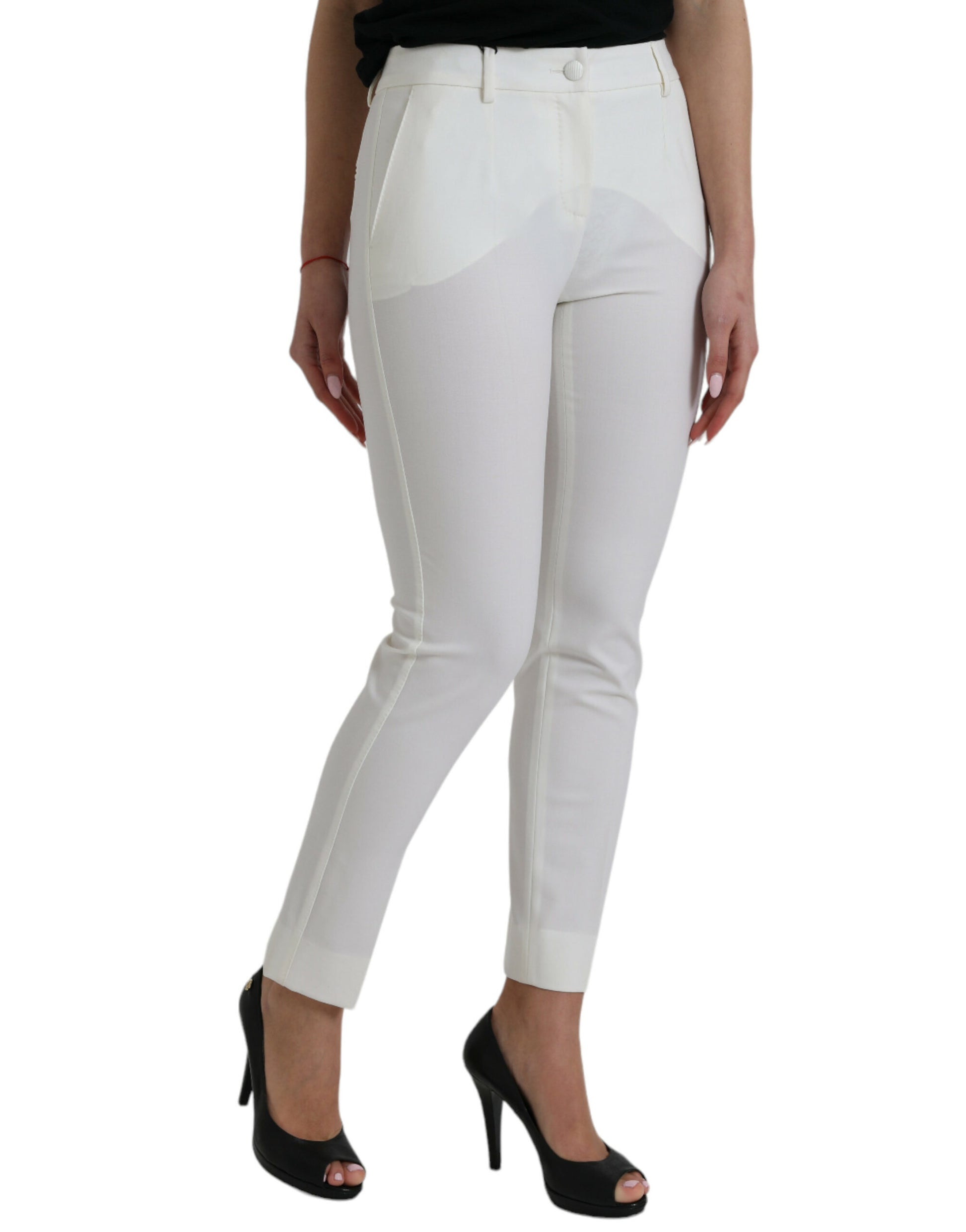 Weiße, schmal zulaufende Wollhose mit mittlerer Taille