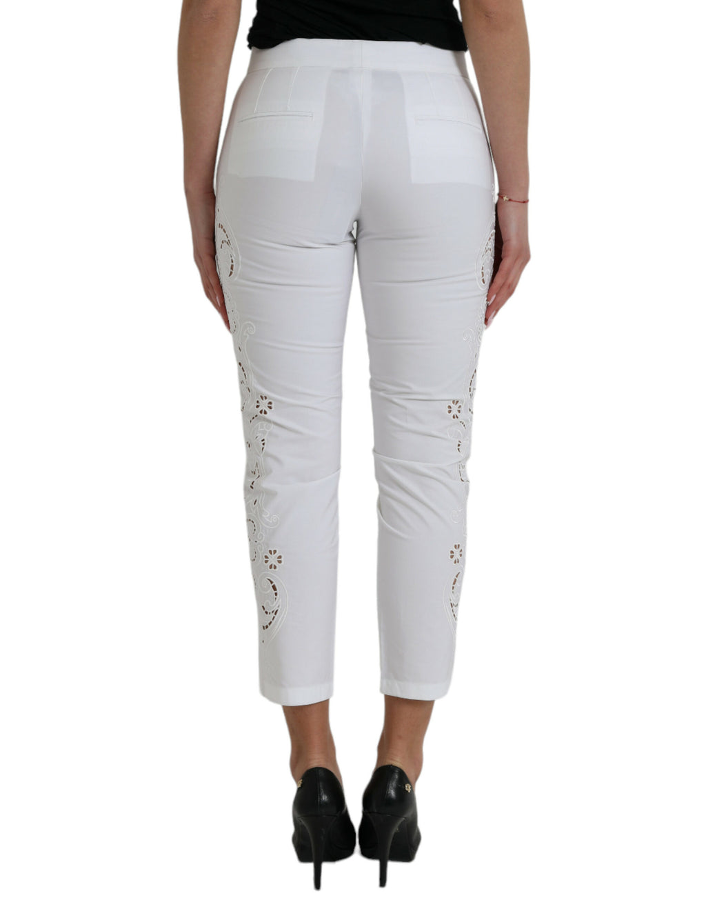 Dolce & Gabbana White Cut Out Cotton Mid Waist Cropped Pants
