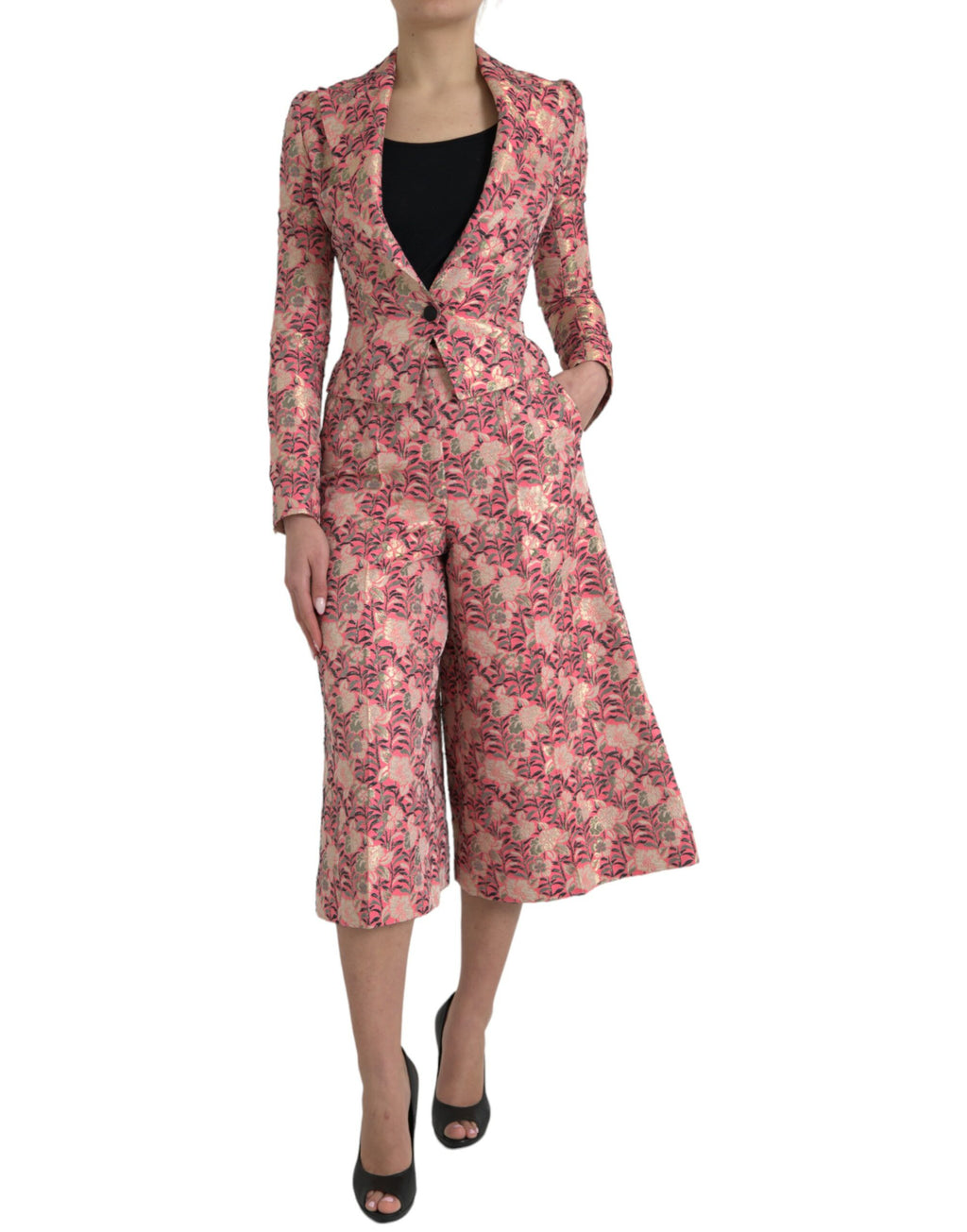 Rosafarbener, schmal geschnittener, zweiteiliger Jacquard-Anzug mit Blumenmuster
