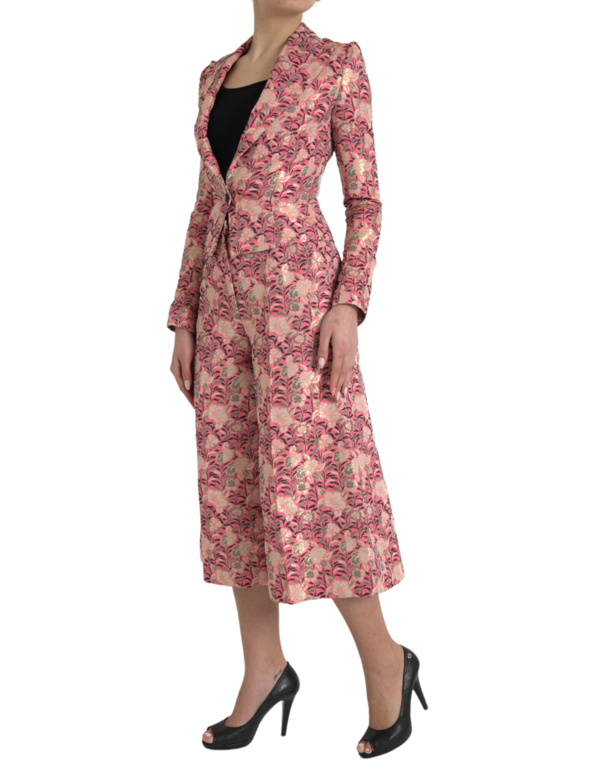 Rosafarbener, schmal geschnittener, zweiteiliger Jacquard-Anzug mit Blumenmuster