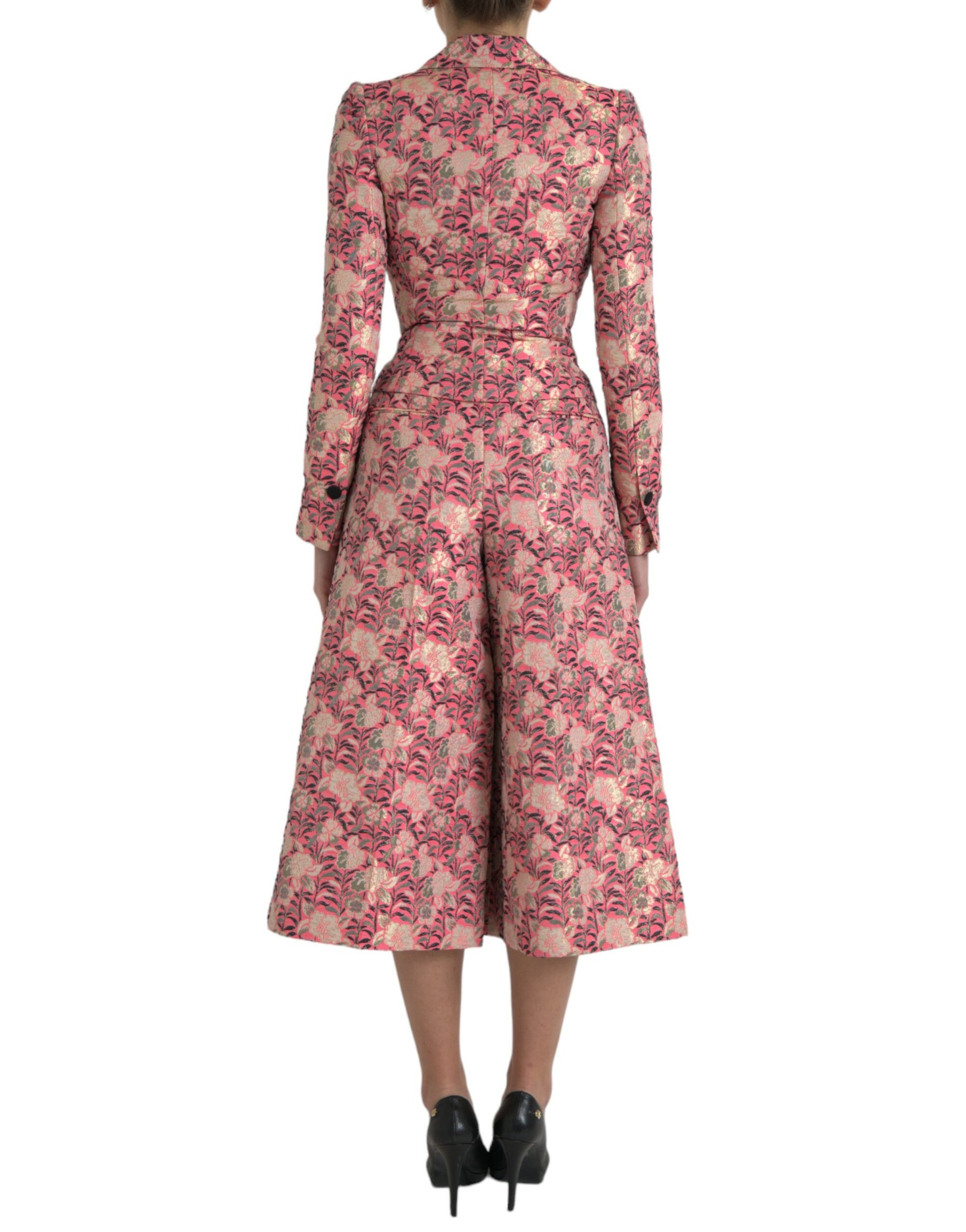 Rosafarbener, schmal geschnittener, zweiteiliger Jacquard-Anzug mit Blumenmuster