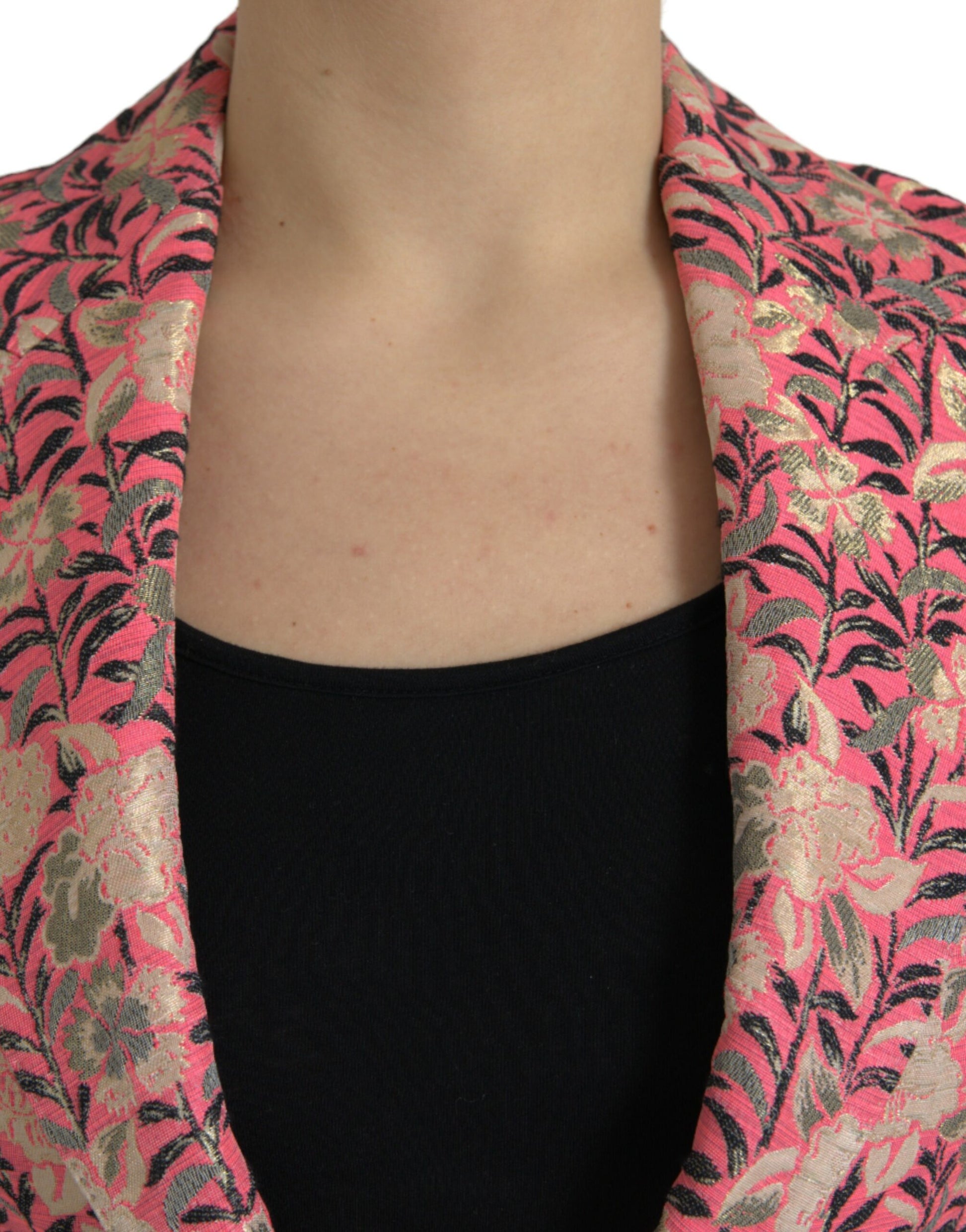 Rosafarbener, schmal geschnittener, zweiteiliger Jacquard-Anzug mit Blumenmuster
