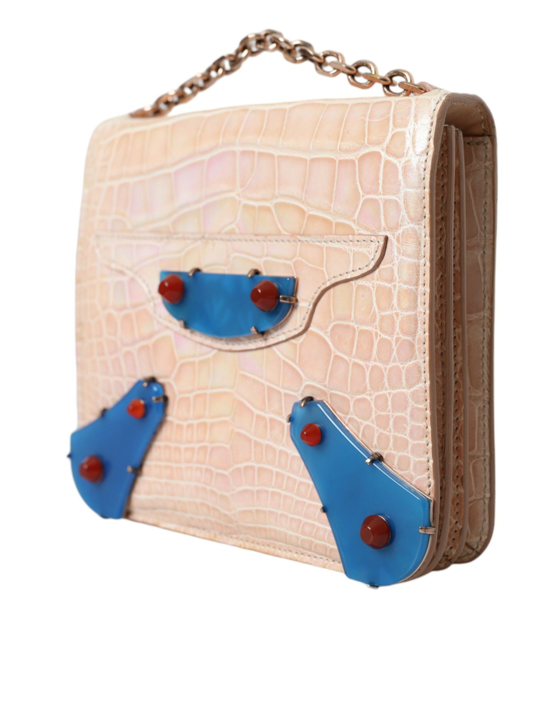 Balenciaga Beige Blue Agate Exotic Leather Gold Chain Purse Bag