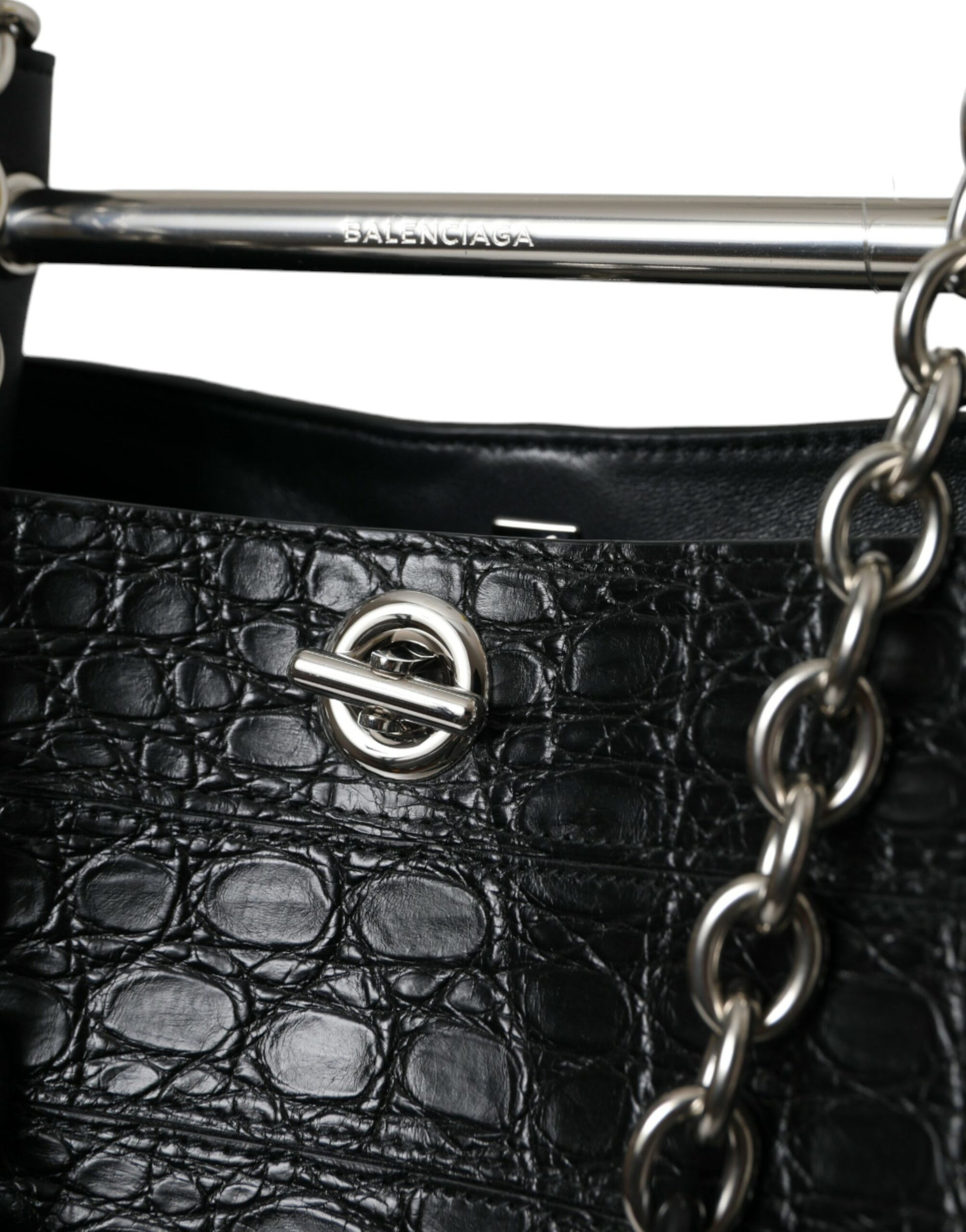Black Exotic Skin Leather Maxi Bucket Tote Purse Bag