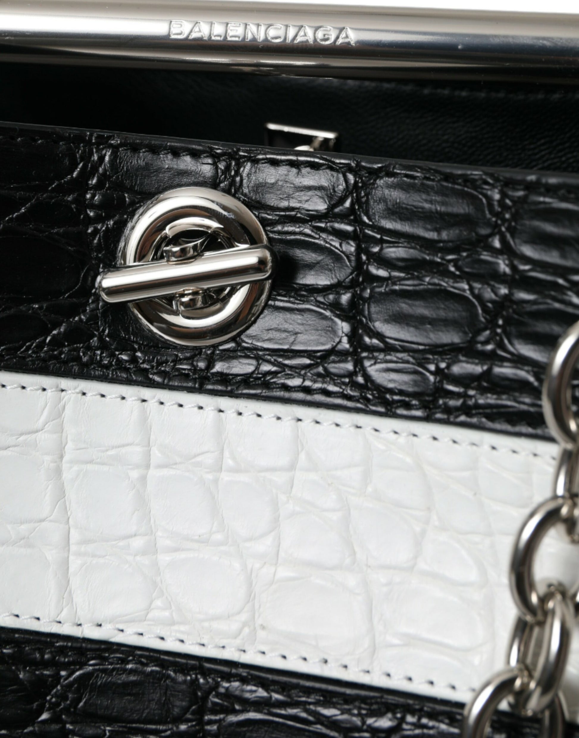 Balenciaga Black White Striped Exotic Skin Leather Maxi Bucket Tote Bag